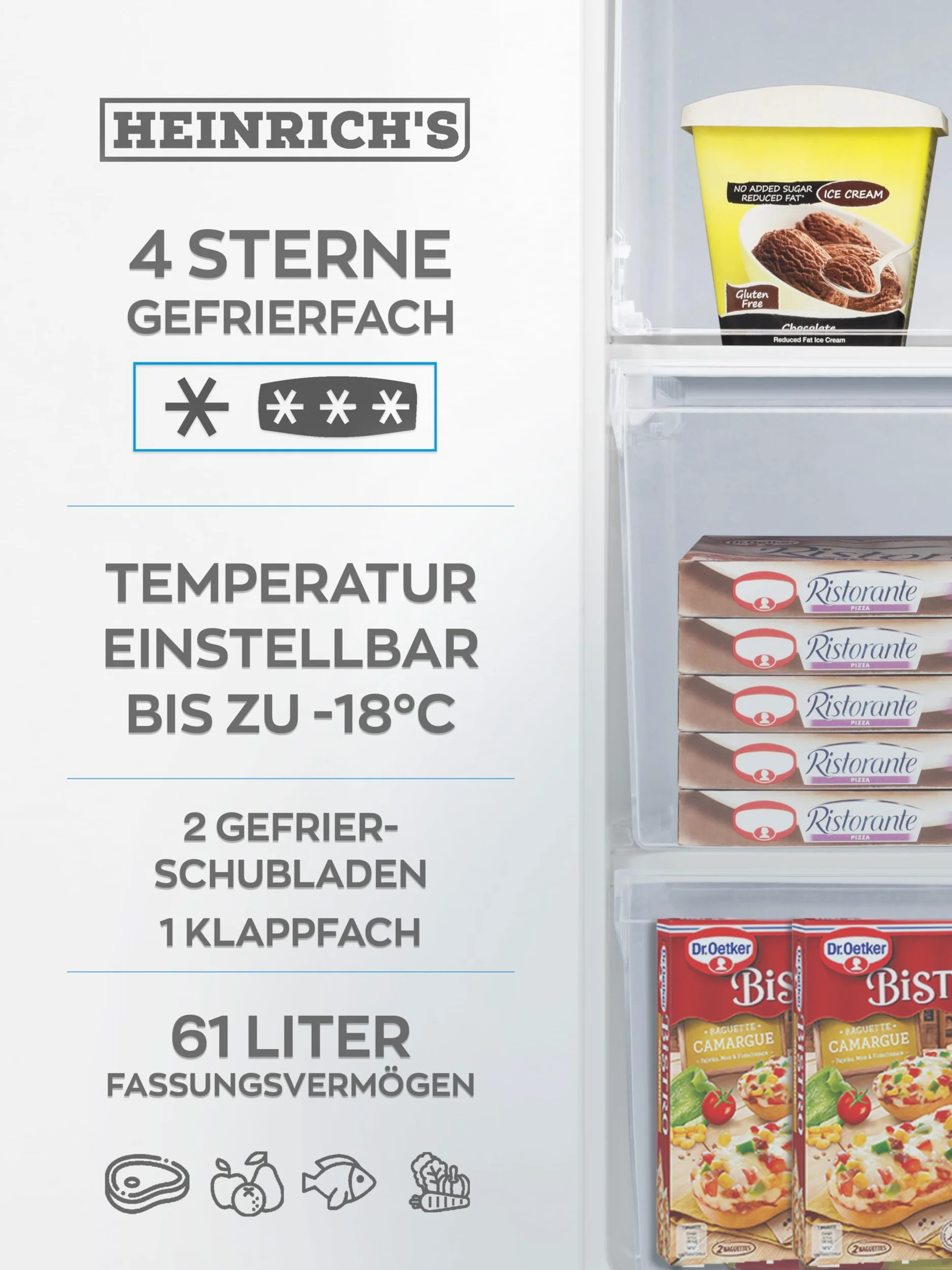 HEINRICHS - Congelador, 3 bandejas congeladoras, 7 posiciones de control de temperatura, flujo de aire, tope de puerta intercambiable, 61 litros de capacidad neta, temperatura: -18 °C ~ -38 °C, blanco