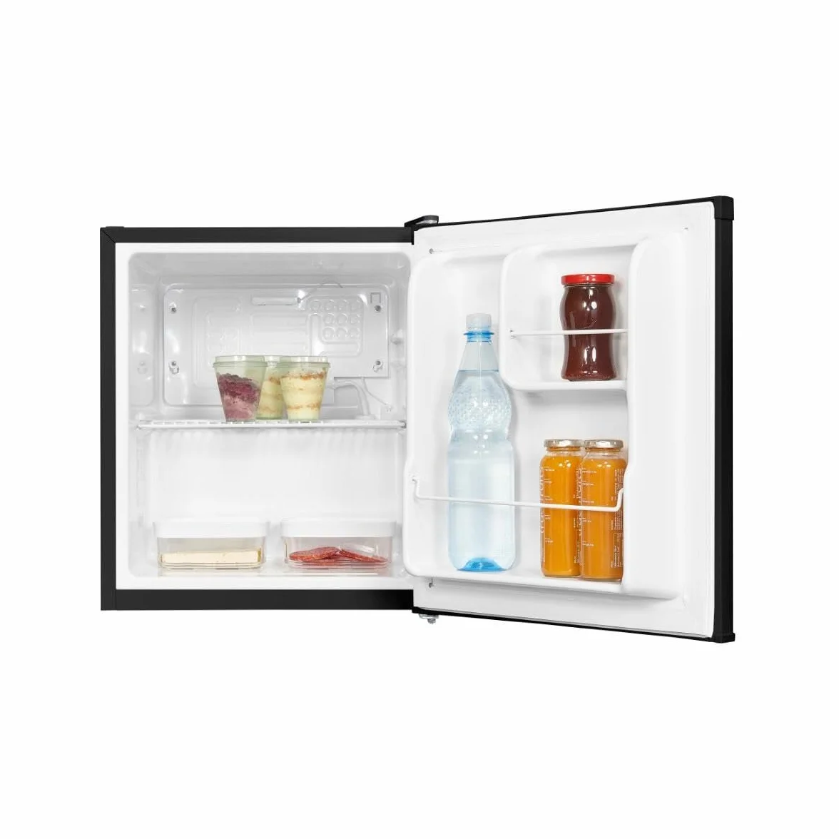 Exquisit® Frigorífico Mini 40L, Color Negro, Clase E, Puerta Reversible, Estante de Rejilla Ajustable, 2 Balcones en Puerta, Control de Temperatura, Muy Silencioso, Medidas (51,0 x 44,0 x 47,0 cm)