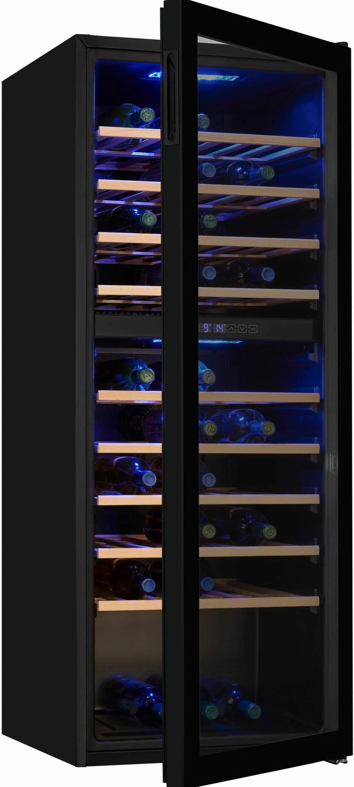 Exquisit® Vinoteca para 78 Botellas, 194L, Negro, Clase G, Doble Zona de Temperatura 5-20°C, Control Digital, Puerta de Cristal Reversible, Iluminación LED, 9 Estantes, Medidas (128,5 x 49 x 57,5 cm)