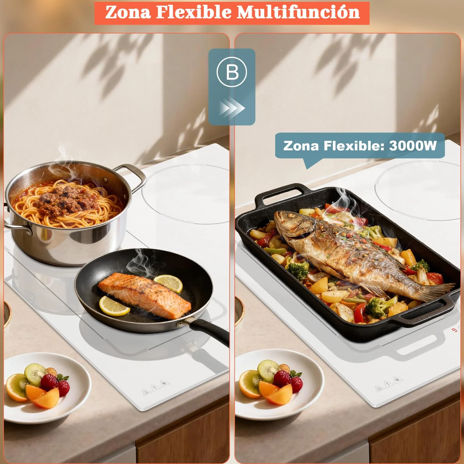 Placa Inducción 4 Fuegos con Zona Flexible y Enchufe, Placa Induccion Empotrable 60 cm con Boost, Vitroceramica Induccion con Pantalla Táctil, Bloqueo de Seguridad, Pausa, Temporizador, Blanca