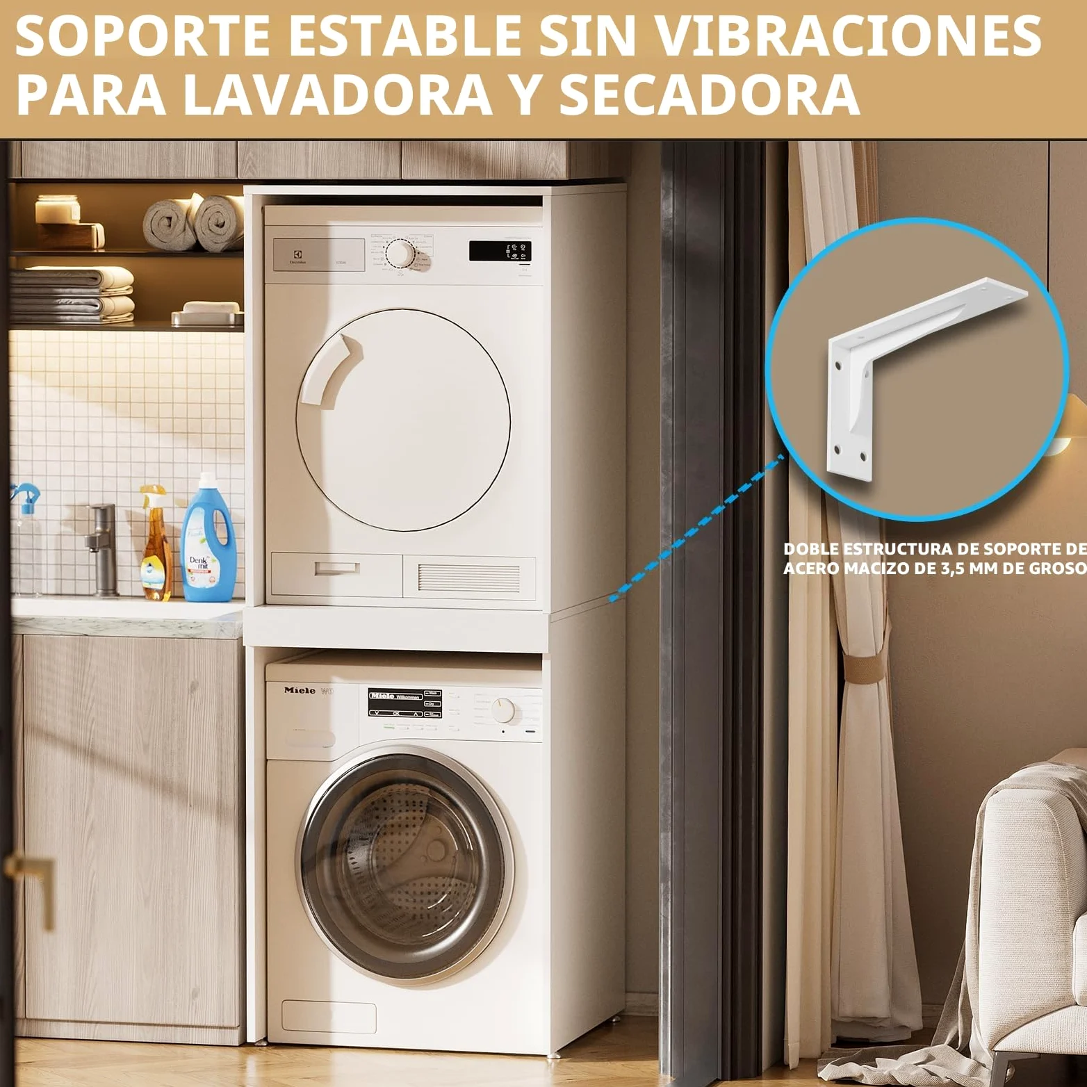 MSFE Armario para Lavadora y Secadora, Mueble Lavadora Secadora con Tabla Extensible, Kit de Apilamiento para Lavadoras y Secadoras, 180 x 65 x 66 cm, fijada a la Pared, Dos Paquetes