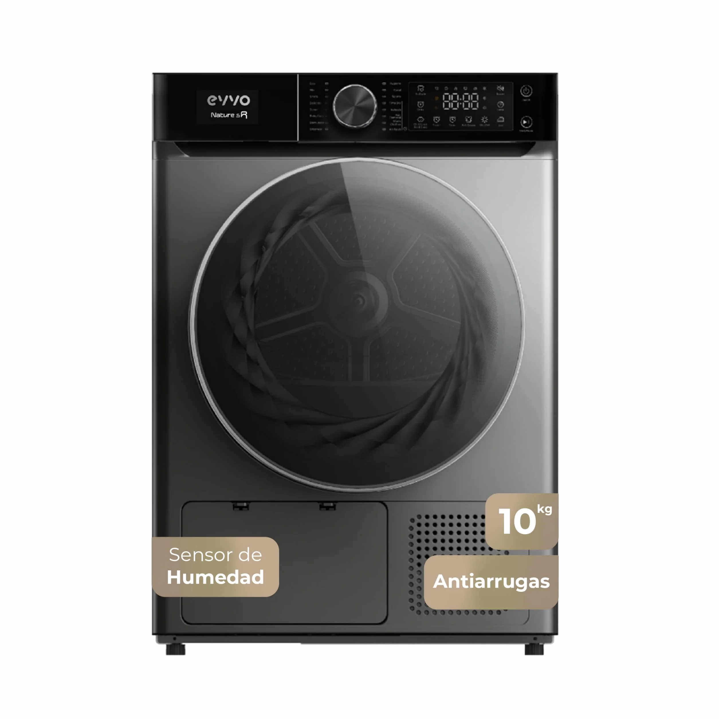 EVVO Secadora Bomba de Calor NATURE SR - Secadora Bomba Calor 10 kg, Eficiencia Energética E, Sensor de Humedad, Antiarrugas, 16 Programas, Inicio Diferido, Airfresh, Bajo Consumo Energético (Inox)