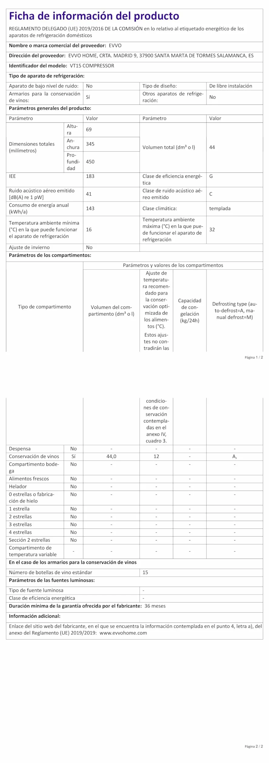 EVVO Vinoteca para 15 botellas VT15, termoeléctrico, compresor, 5-18ºC, muy silencioso 41 dB, táctil