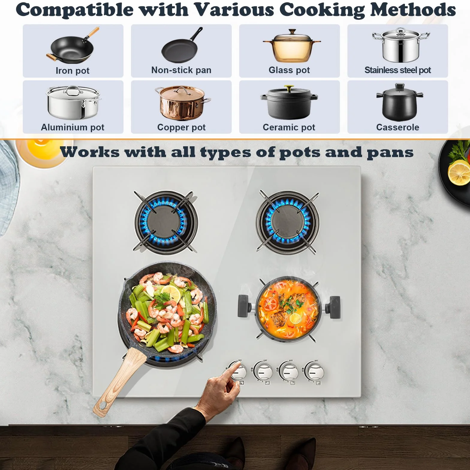 TopStrong - Placa de cocina con 4 fuegos de gas, de cristal, empotrable, color blanco, con protección Flame-Out, gas natural/propano, 8060 W, 220-240 V