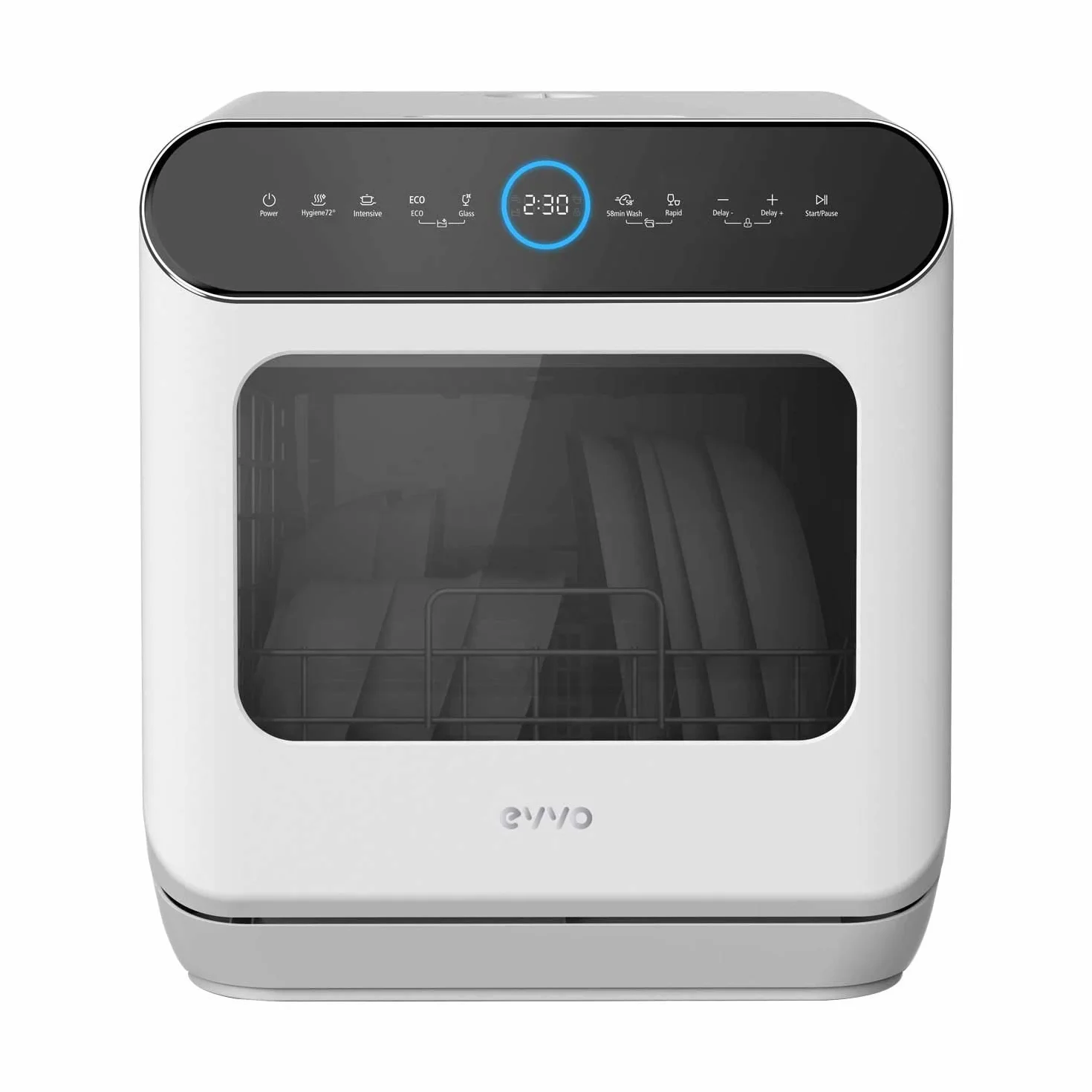 EVVO Lavavajillas Tamaño Pequeño Compacto y Sin Instalación, Para Sobremesa o Encimera, 3 Servicios, 6 Pogramas, Secado Extra, Programa ECO, Programa Autolavado, Programable, Mini D Trip 2 (Blanco)