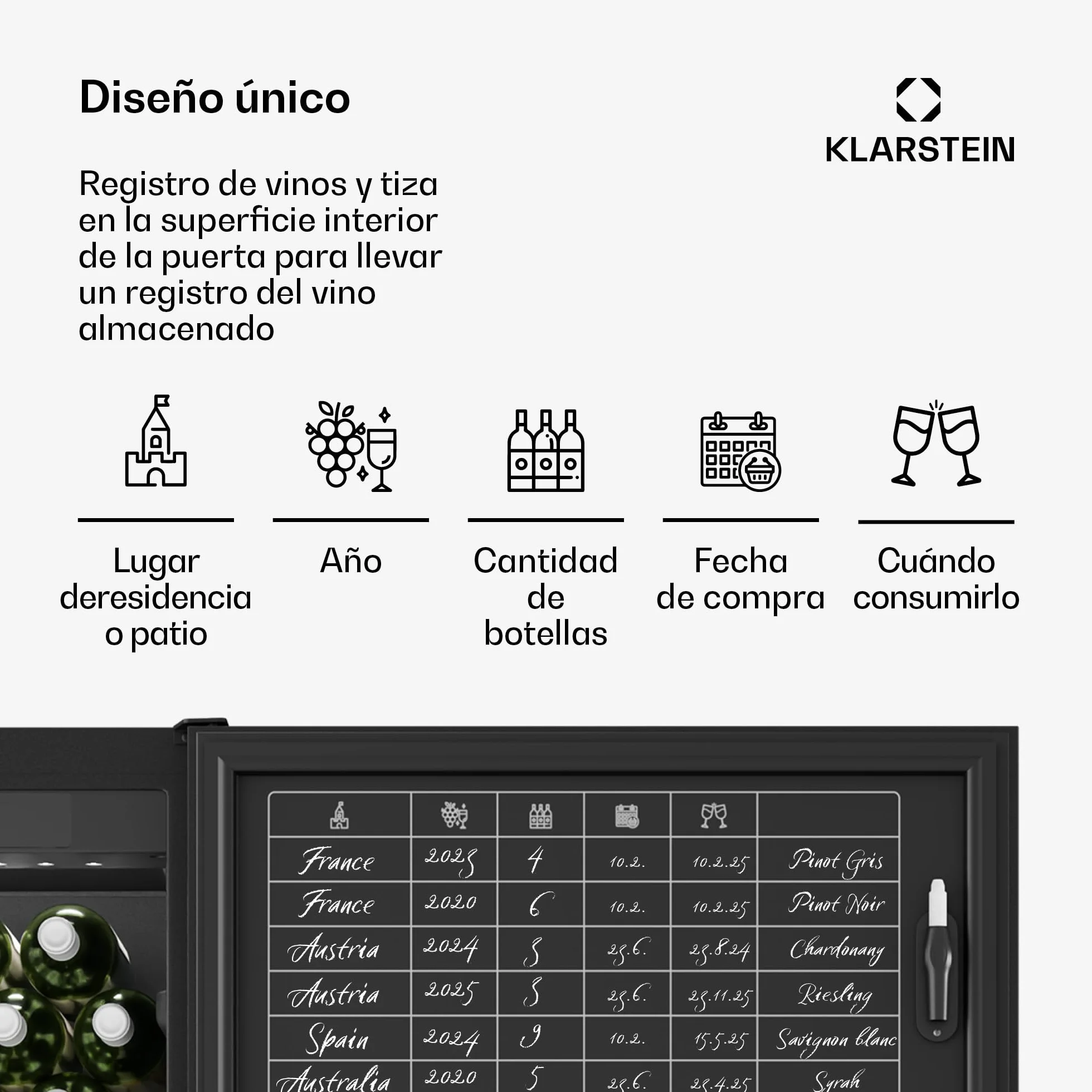 KLARSTEIN CellarMax Vinoteca Grande - 155 Botellas, 5-20°C, Control Táctil, Puerta Metálica, Cerradura, Alarma, Independiente, Nevera Para Vinos