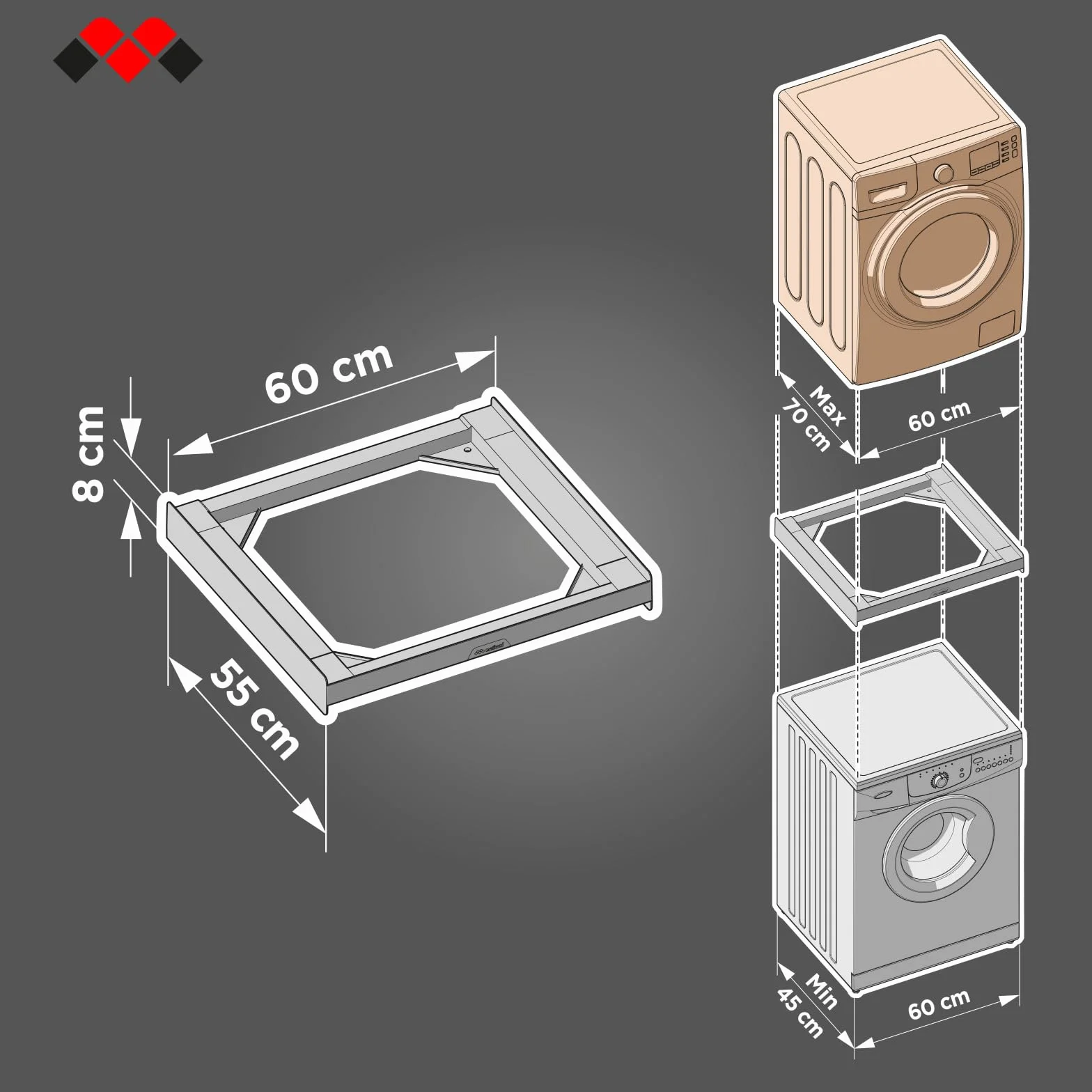 Meliconi Torre Noir Kit de superposición lavadora-secadora, premontado, certificado TÜV SÜD, capacidad máxima 250 kg, Made in Italy, color negro