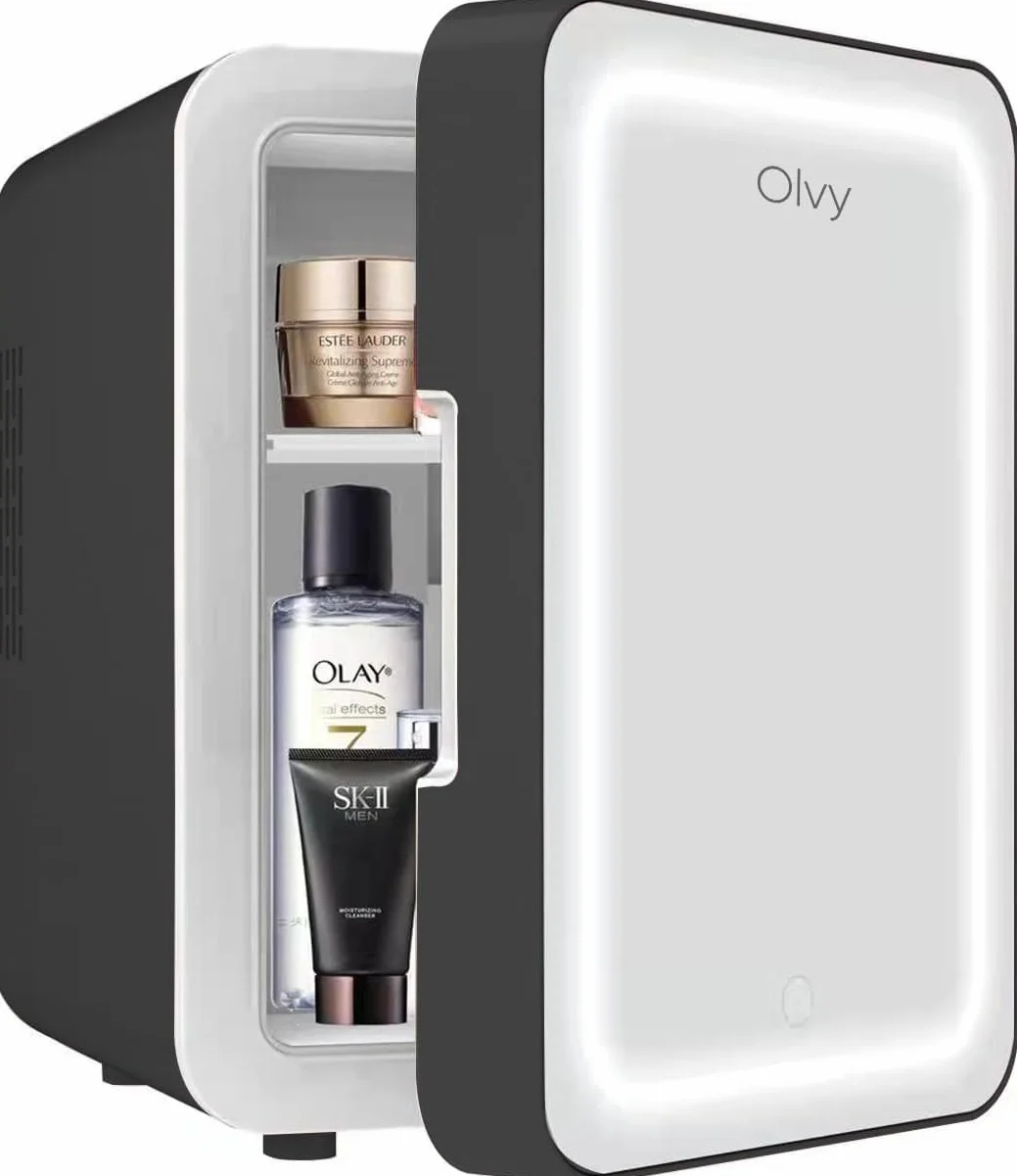 Olvy Mini Nevera Cosmética de 4 Litros, Frigorífico Portátil con Espejo LED, Mini Frigorífico para Cuidado de la Piel, Enfría y Calienta, para Dormitorio, Negro