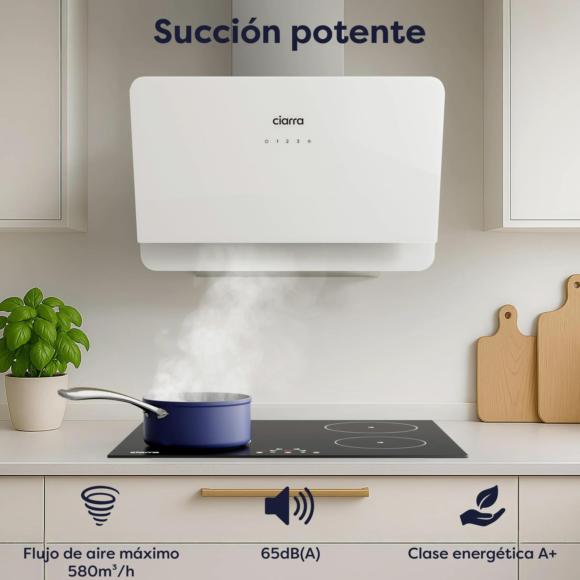 Ciarra CBCS6765C Clase A+ Campana Extractora 60 cm 580 m³/h Blanco | 3 Velocidades - Modo Reciclaje o Evacuación - Filtro de Carbón CBCF055 Incluido - Control Táctil - Panel de Cristal