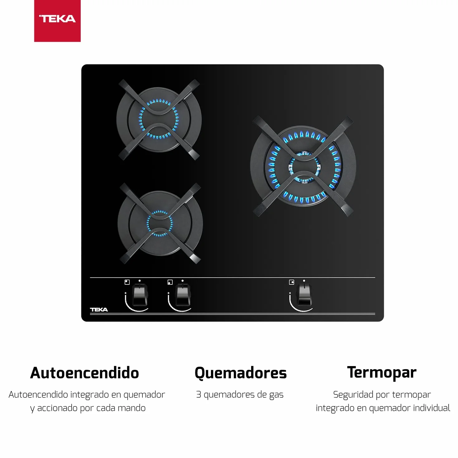 TEKA Placa de Gas Butano 60 cm, 3 Fuegos, Control Exact Flame, Quemadores de Alta Eficiencia, Autoignition, Modelo GBC 63010