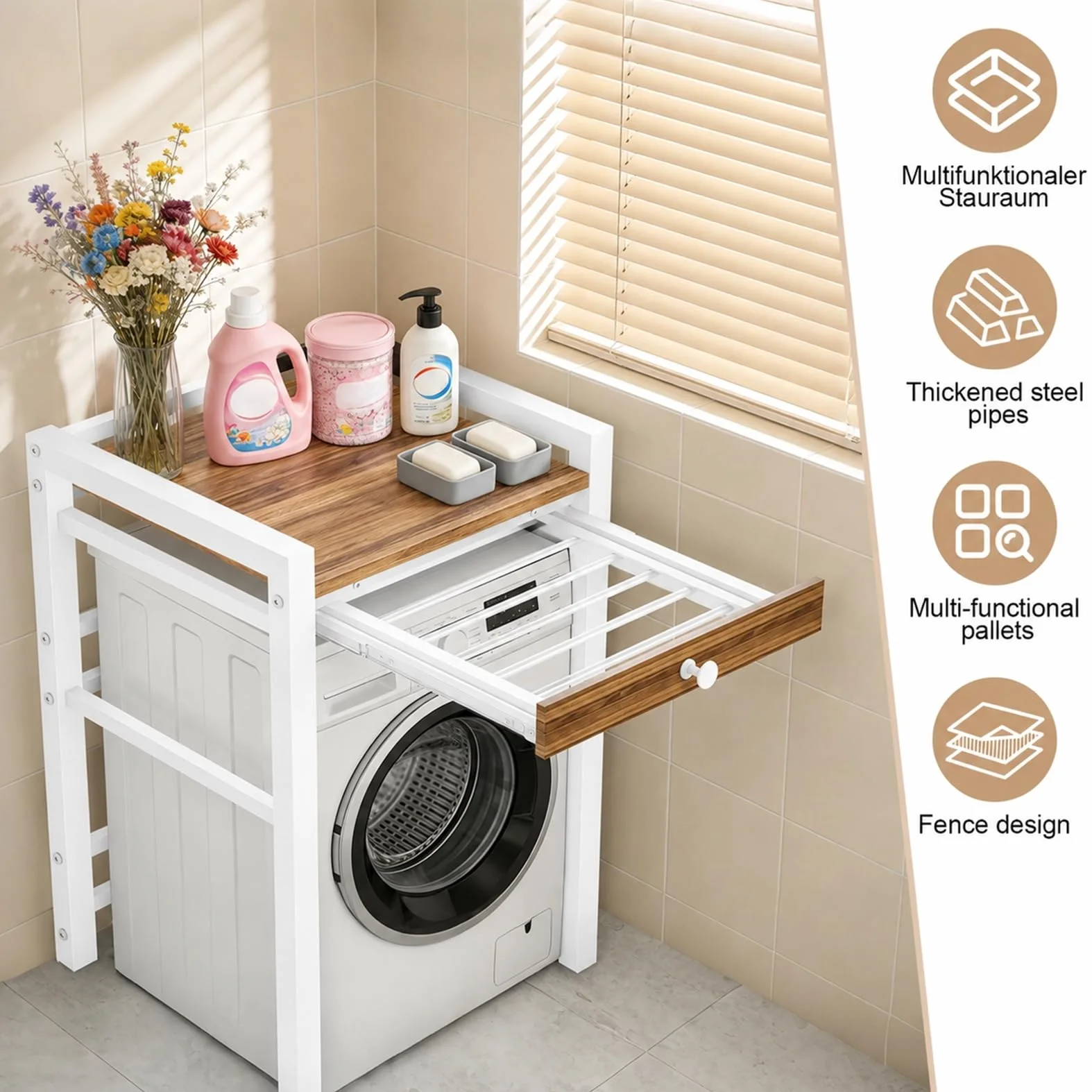 Estantería para lavadora, lavadora y secadora superpuestas, capacidad de carga de 300 kg, armario de lavadora para baño, cocina, balcón, lavandería (blanco con cajones)