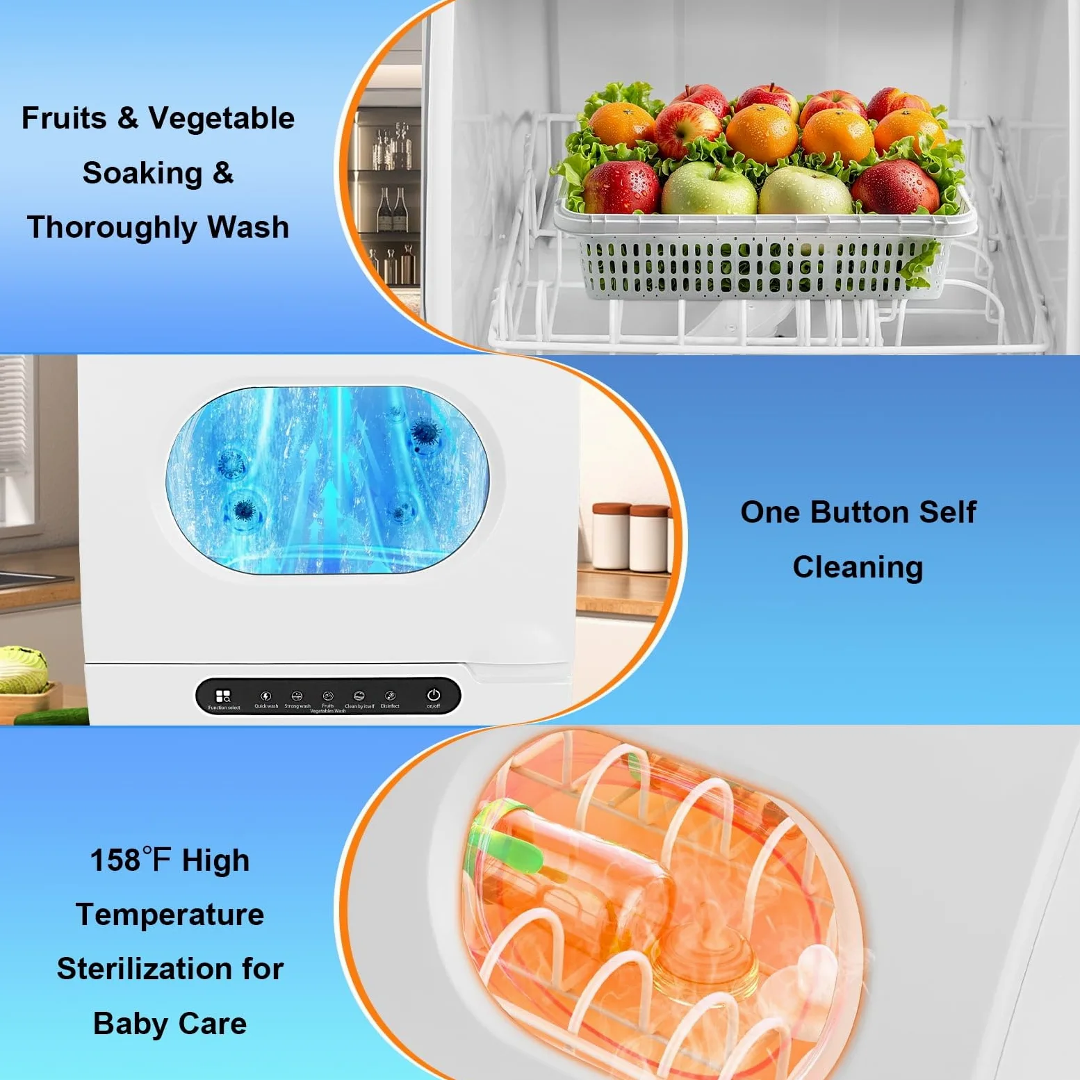 Lavavajillas de Mesa, Mini Lavavajillas con 5 Programas de Lavado, Control Táctil, Secado Automático, Cuidado del Bebé y Lavado de Frutas, Lavavajillas Compacto Portátil para el Hogar, Apartamento