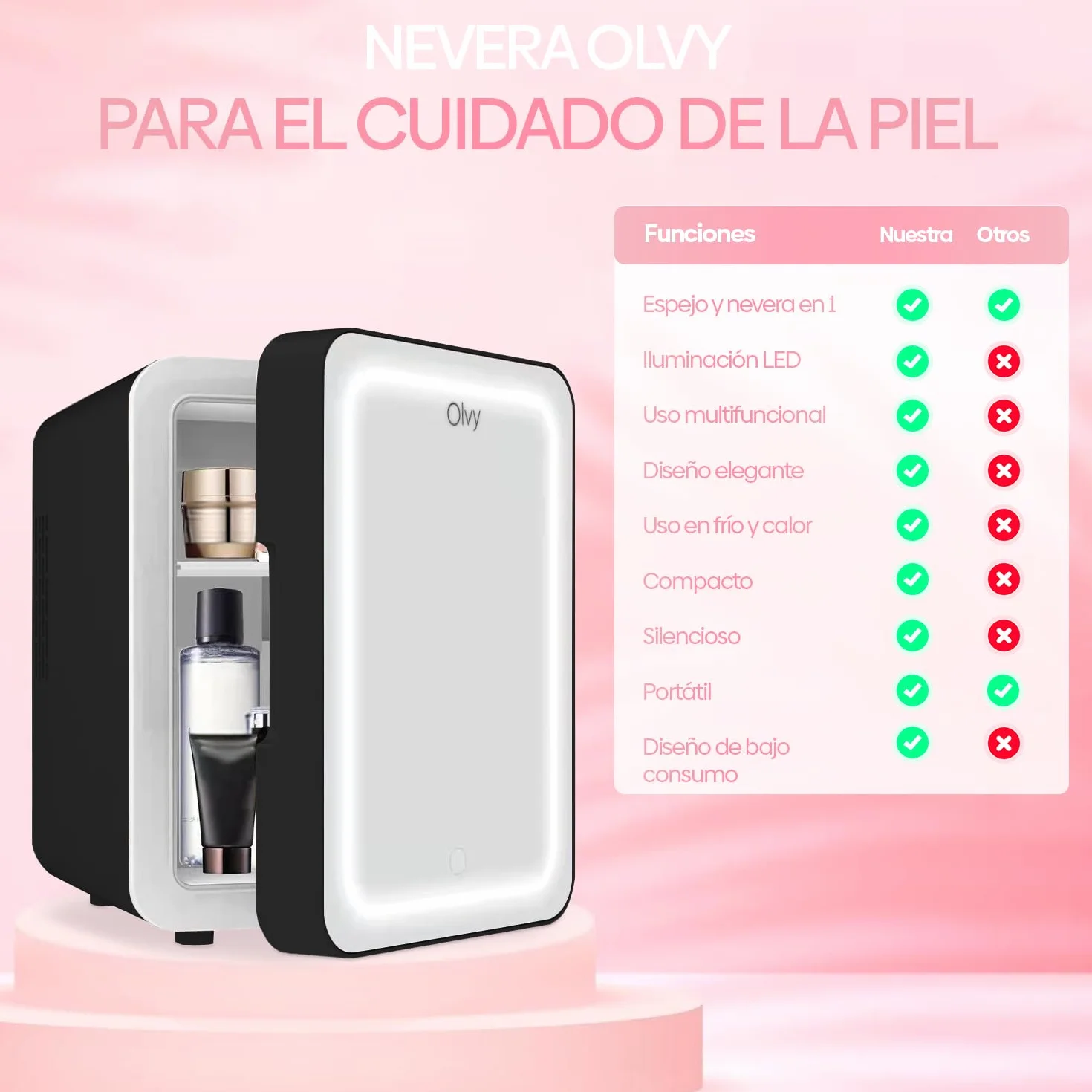 Olvy Mini Nevera Cosmética de 4 Litros, Frigorífico Portátil con Espejo LED, Mini Frigorífico para Cuidado de la Piel, Enfría y Calienta, para Dormitorio, Negro