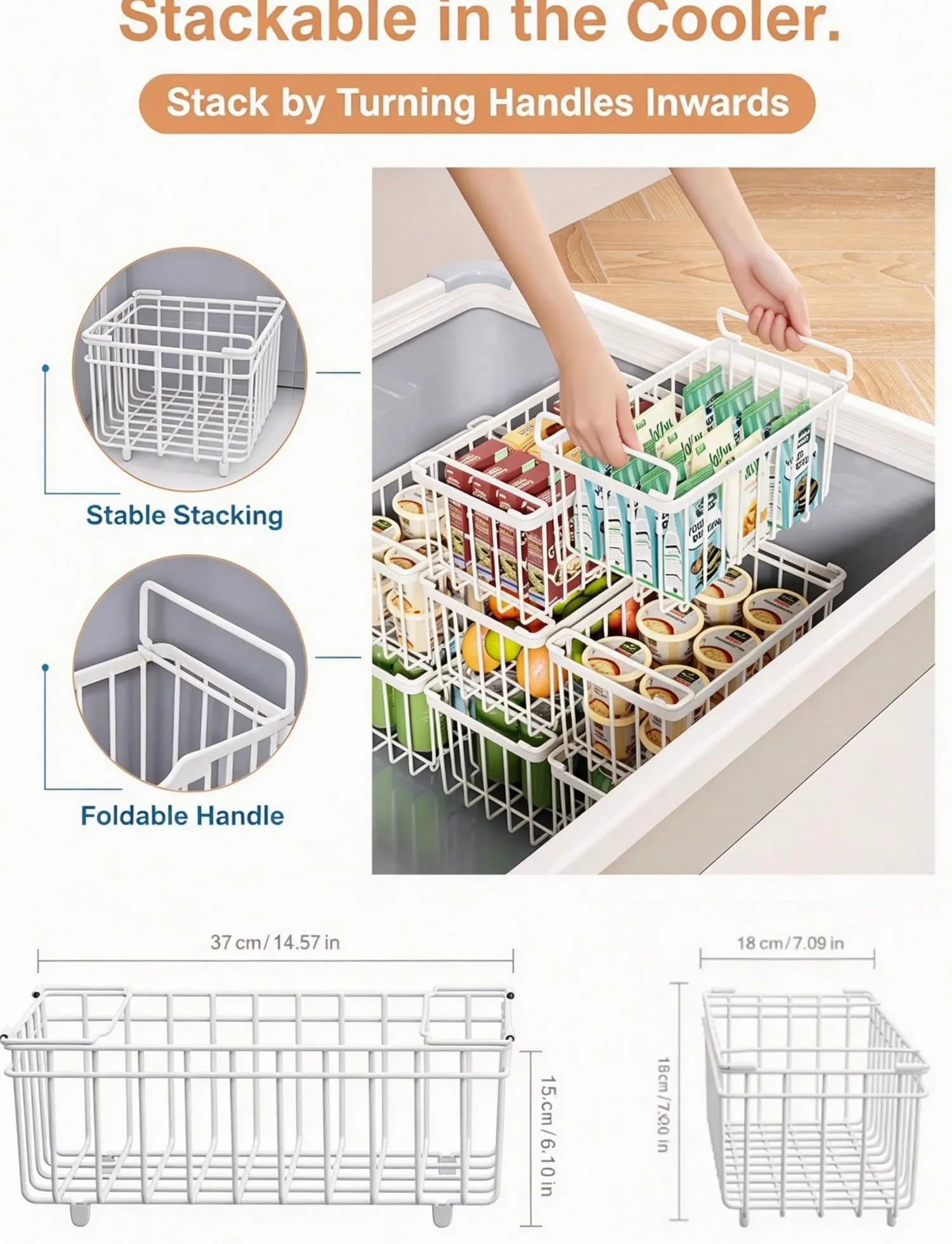 Cestas apilables for congelador horizontal,contenedores organizadores de con asas | Almacenamiento de alambre de acero al carbono for despensa,cocina y uso comercial(Grey,4-Pack)