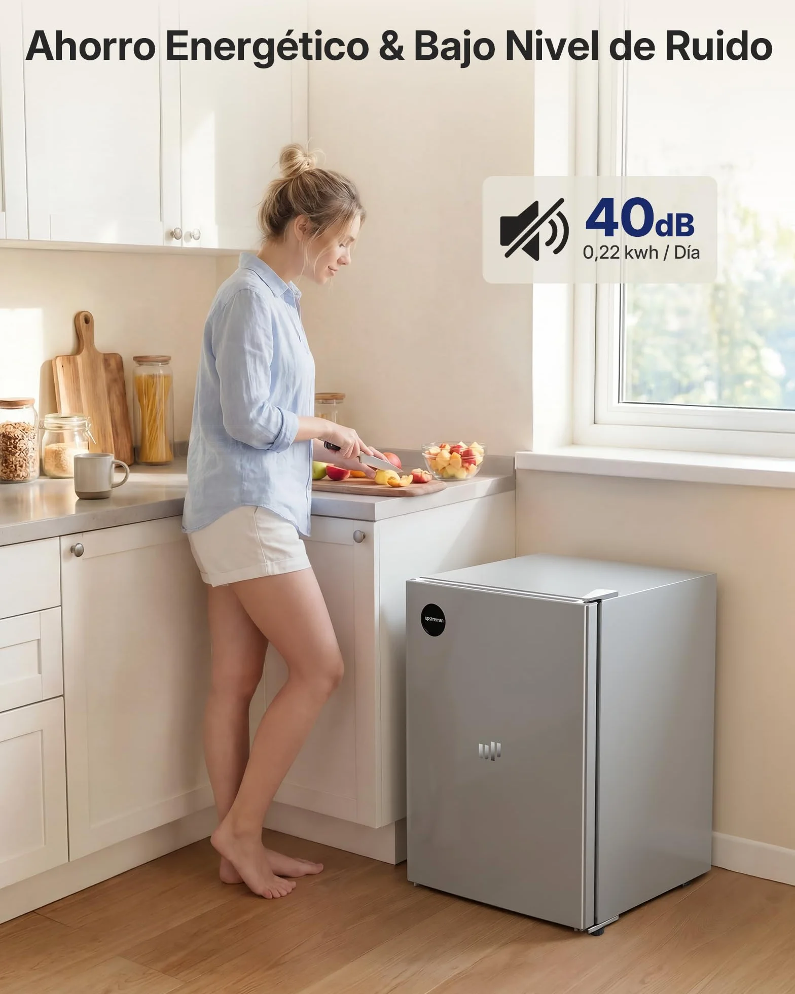 Upstreman 71L Frigorífico Sin Congelador, 1-10°C 7-niveles Regulación de Temperatura, LED-Beleuchtung, 40 dB Silencioso, Energéticamente Eficiente para Dormitorio, Oficina, Cocina, CR71- -Plata