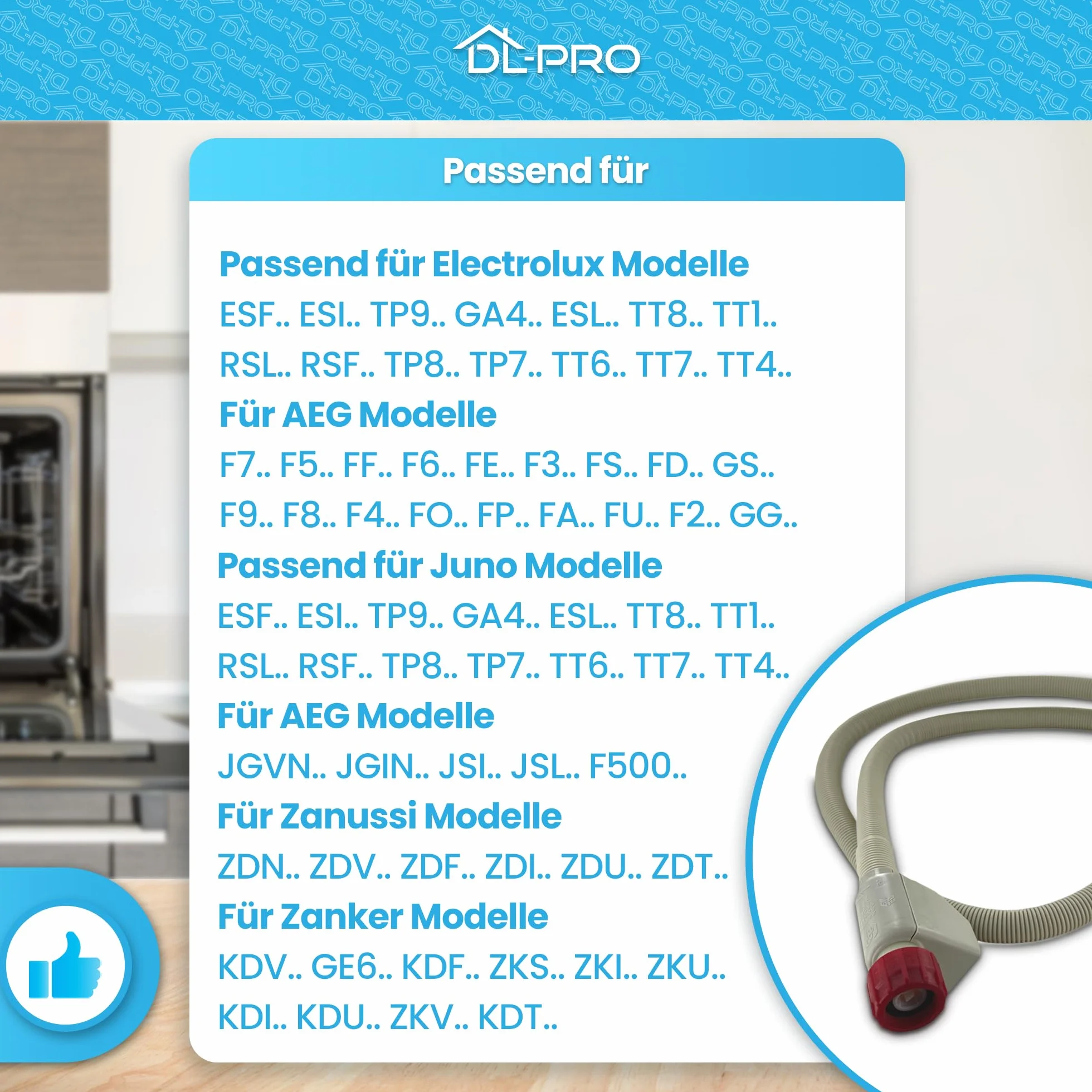 DL-pro Manguera de entrada de agua 1,5m para lavavajillas y lavaplatos para AEG Electrolux Juno 14018058901/6 140180589016 14018058901 Aquastop