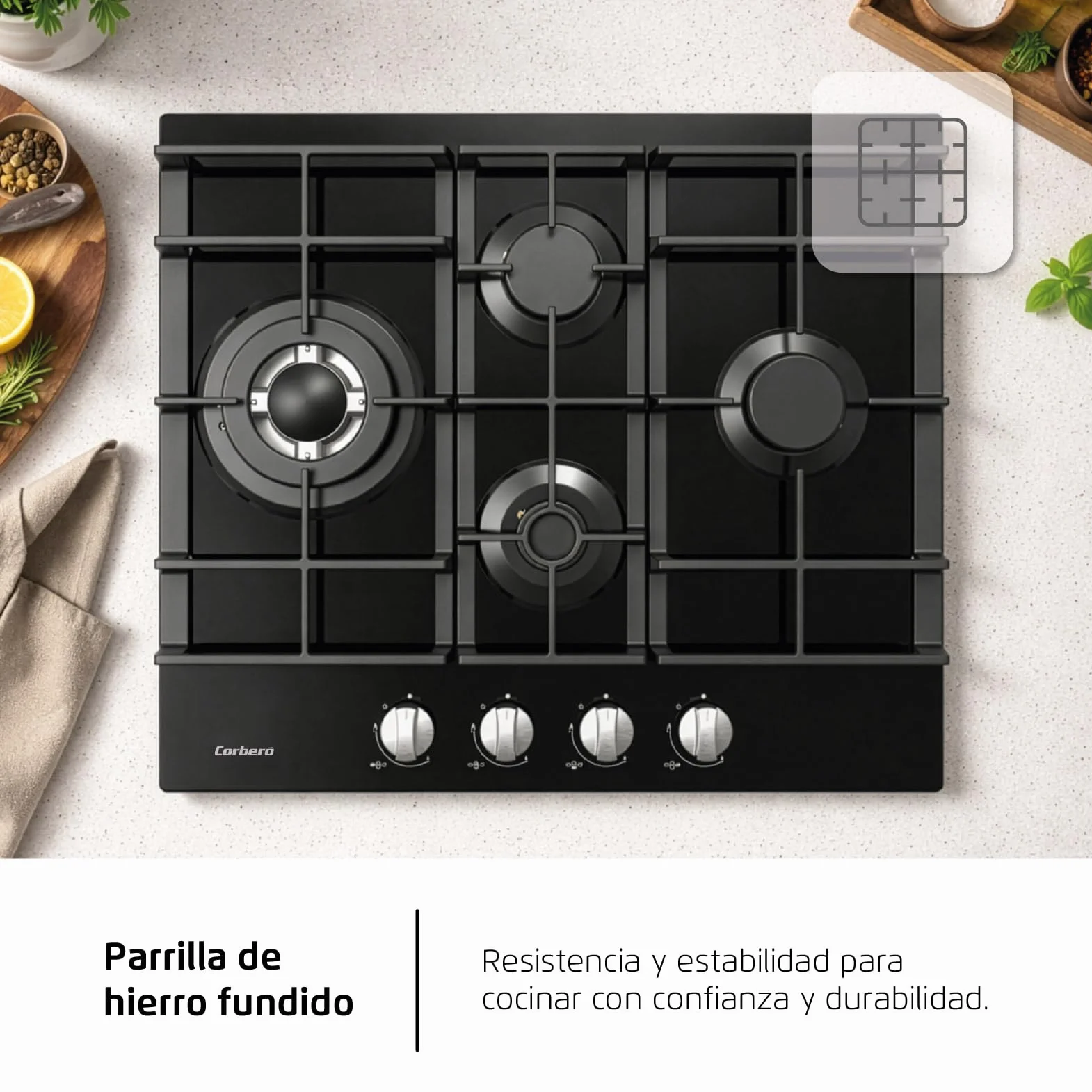 Corberó - Placa Gas Cristal LUX | CPCGM4F4126N | 4 Zonas | Potencia 8.05kW | Autoencendido | Zona WOK | Capa protección Clean + | Desconexión Automática | Cristal Negro