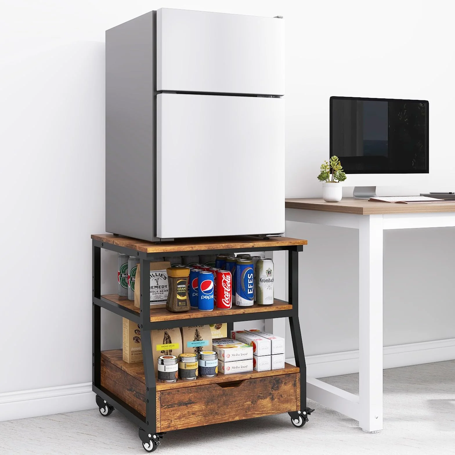 PUNCIA Soporte de 3 Niveles para Mini Nevera Mueble Estante de Frigorífico con Ruedas Organizador Móvil con Cajón Plataforma para Refrigerador Cocina Salón Oficina