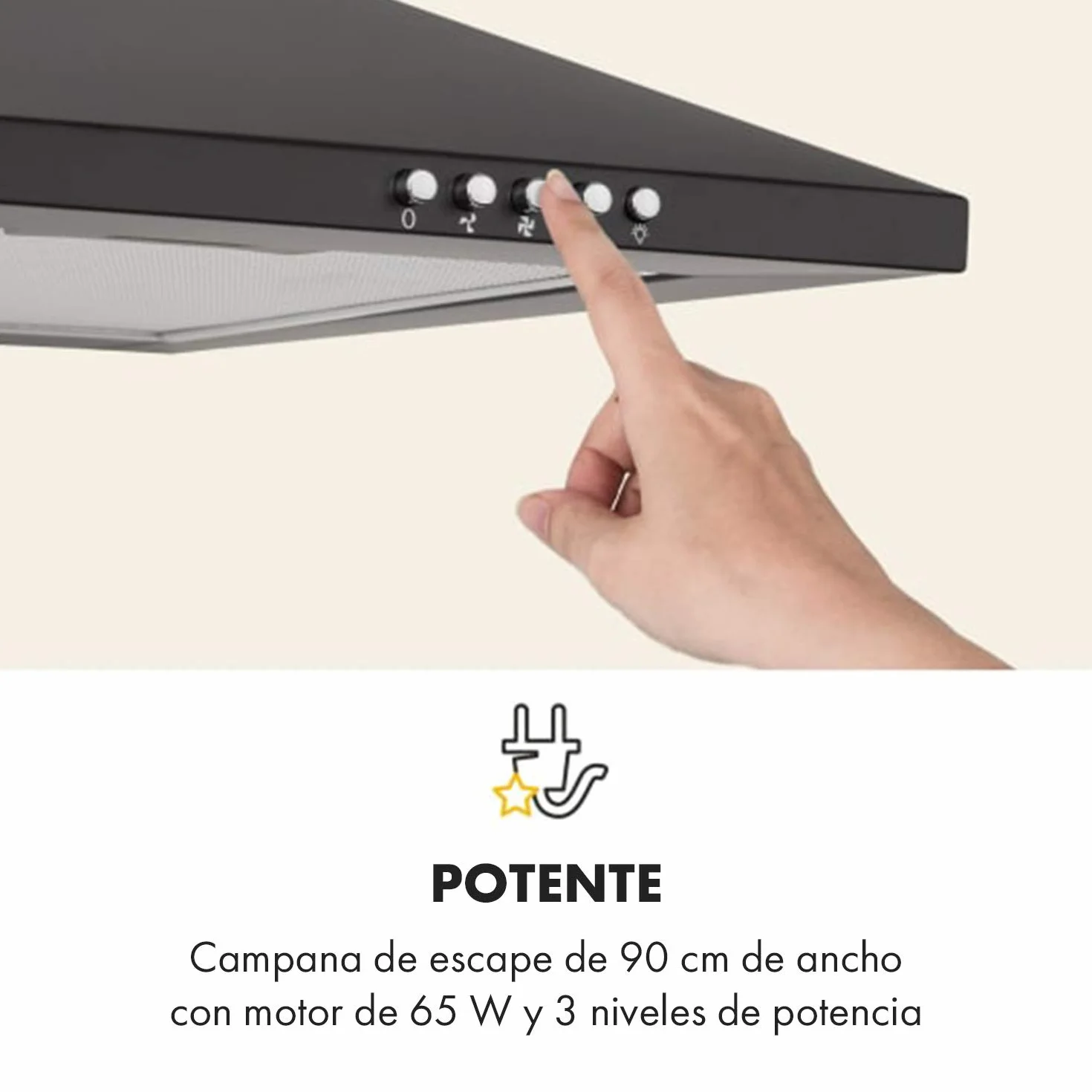 Klarstein Zugspitze 90 Campana extractora - Extractor de pared, Extractor de humos, 65 W, Absorción de 310m³/h, Ventilación y absorción, Iluminación LED de la cocina, Filtro de grasa, Negro