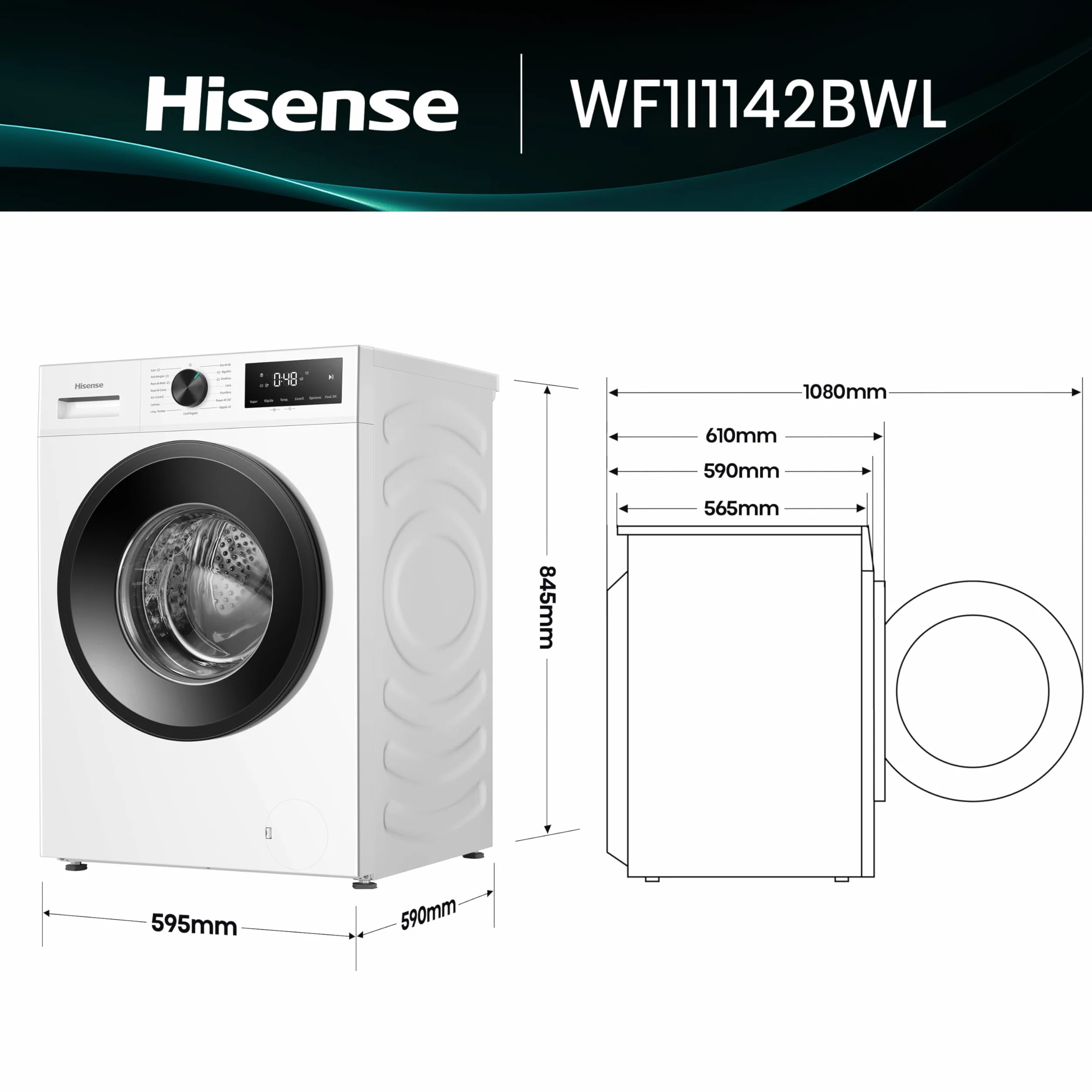 Hisense WF1I1142BWL - Lavadora 11 Kg, 1400 rpm, Clase A, Fondo 59cm, Lav. Power 49’ y Rápidos 30' y 15', Dispensador Automix, Lavado Auto Wash, Antiarrugas, iFit™ Fondo Optimizado, Vapor 99,9%, Blanco