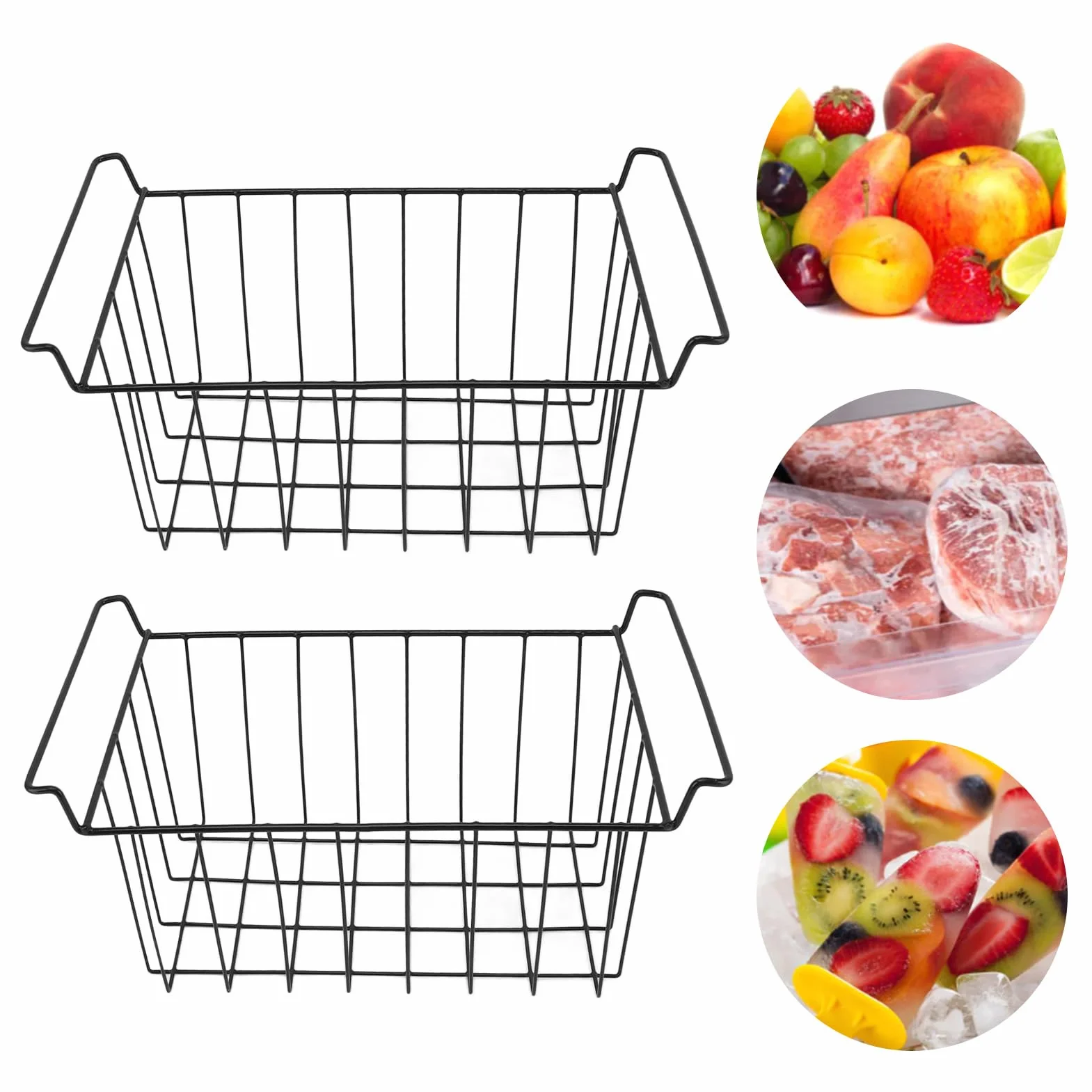 Focket Cestas de Almacenamiento de Alambre para Congelador, Paquete de 2 Contenedores Organizadores para Congelador Profundo con Asas, Cesta de Almacenamiento (Largo 39 cm x Ancho 20 cm