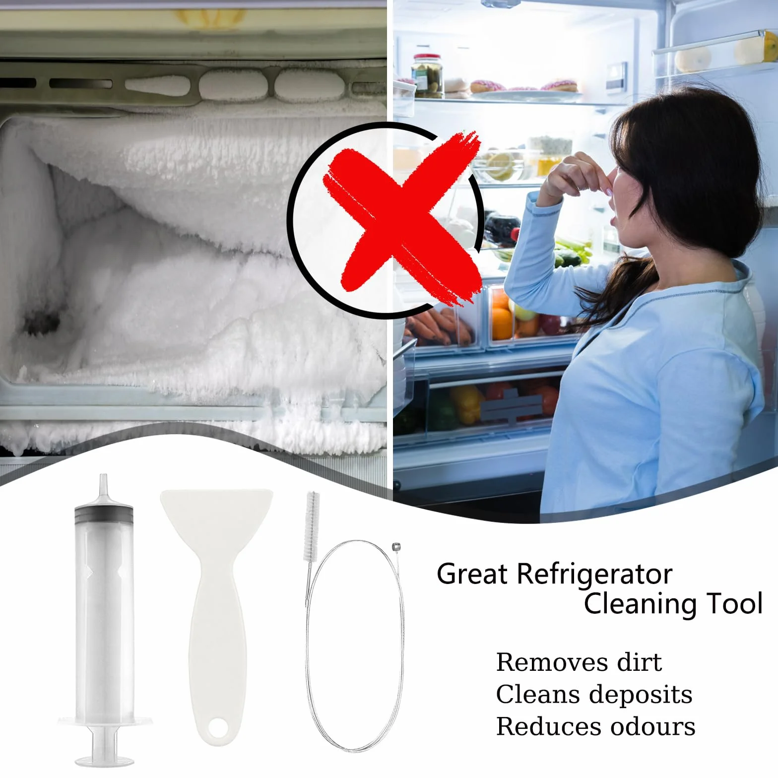 11 Piezas Kit De Limpieza De Refrigerador, Reutilizable Cepillo De Limpieza para Frigorífico, Cepillo De Limpieza para Frigorífico con Jeringa, Manguera, Pala De Descongelación, Tapones