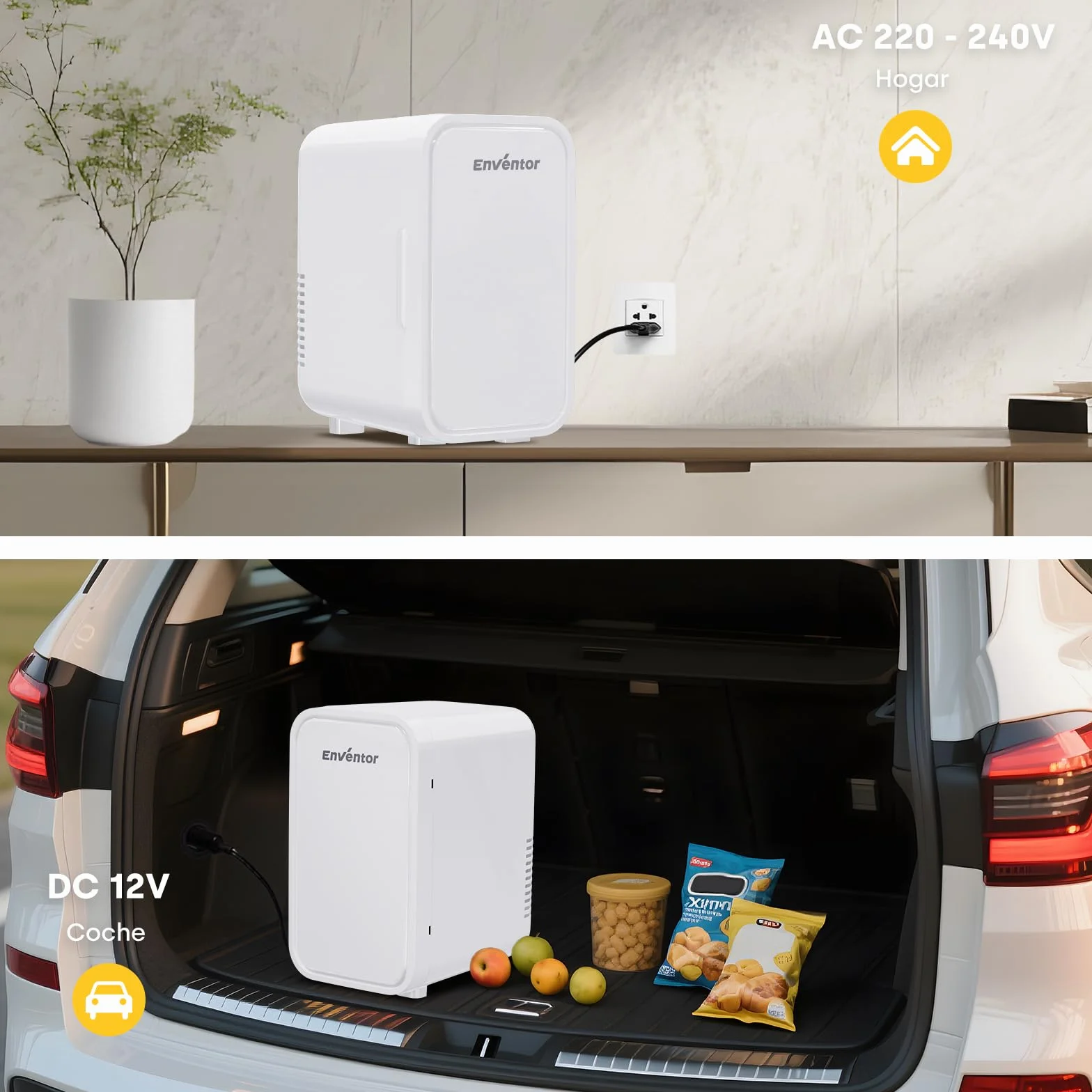 Enventor 6L 8 Latas Nevera Pequeña Blanco, Mini Frigorifico con Enfriador y Calentador, Nevera Portatil con Alimentación 12V/220V, Mini Nevera para Habitacion, Oficina, Coche, Frutas y Bebidas