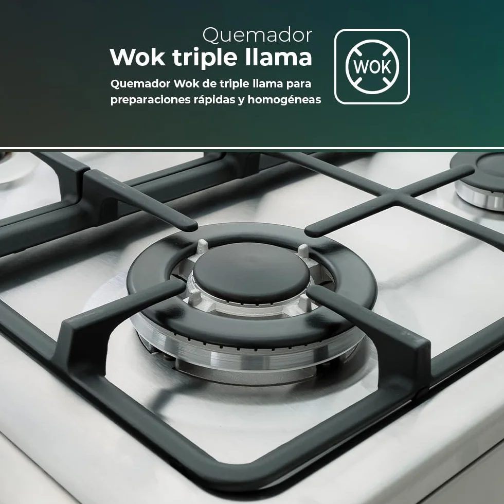 Svan Cocina Mixta gas Butano 4 Zonas Inox SKMW4600X. Quemador WOK triple llama, Kit Conversión Gas Natural, Acabado en Inox