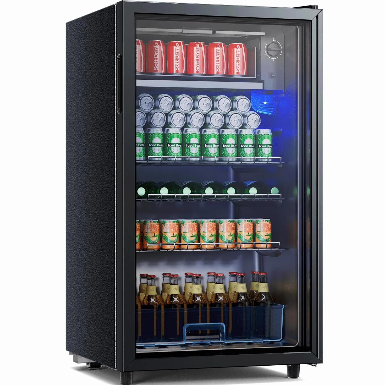 TRIUMPHKEY Nevera para Bebidas, Nevera Compacta de 85 Litros con Luces LED Azules, Nevera para Cerveza, Diseño de Puerta Completa de Cristal con 4 Estantes y Botelleros para Refrescos, Cerveza y Vino.