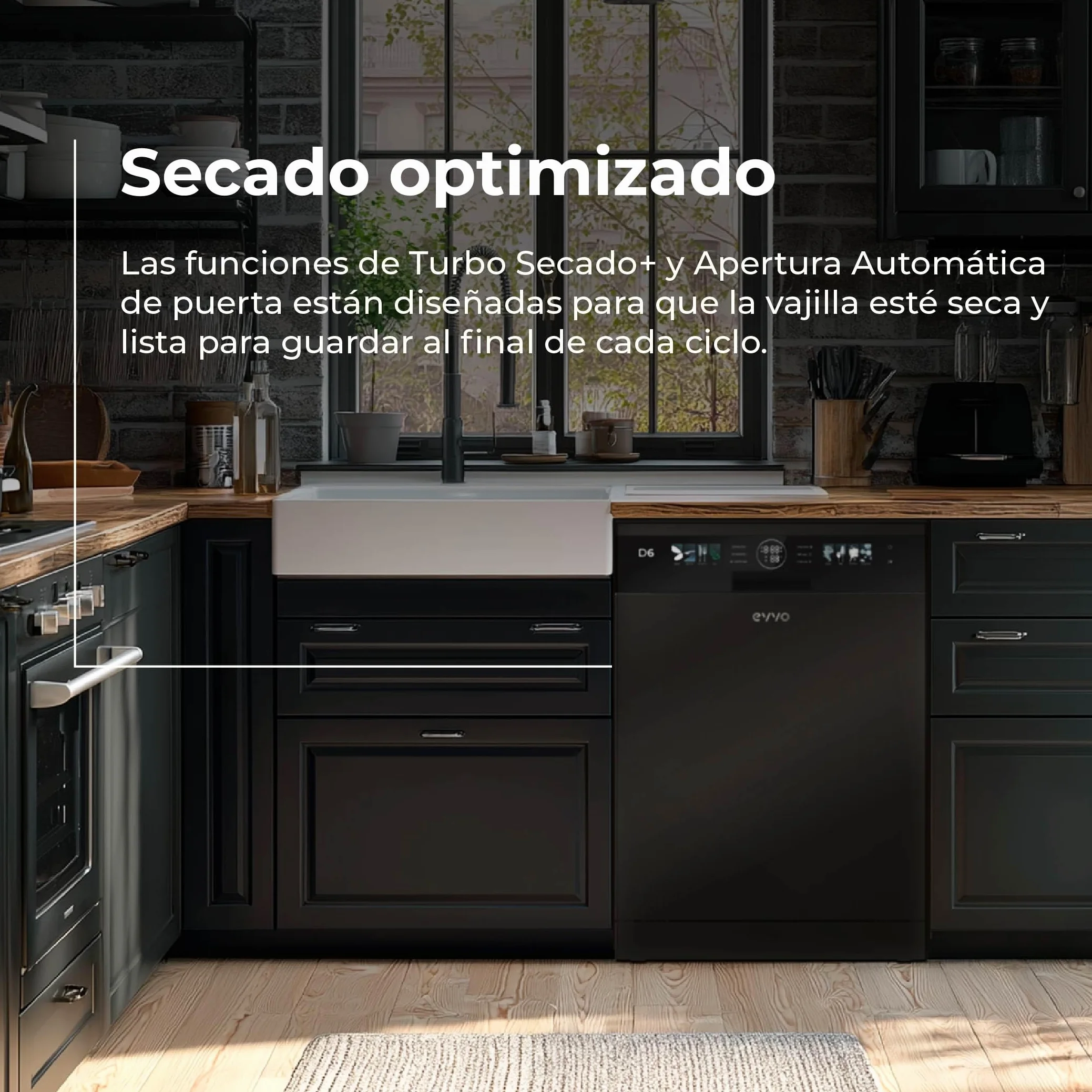 Lavavajillas D6 Libre Instalación 60 cm - Clase B Alta Eficiencia, 15 Cubiertos, 8 Programas, Apertura Automática, Luz UV e Inicio Diferido - Lavavajillas Acero Inoxidable Inox - Secado Turbo (Negro)