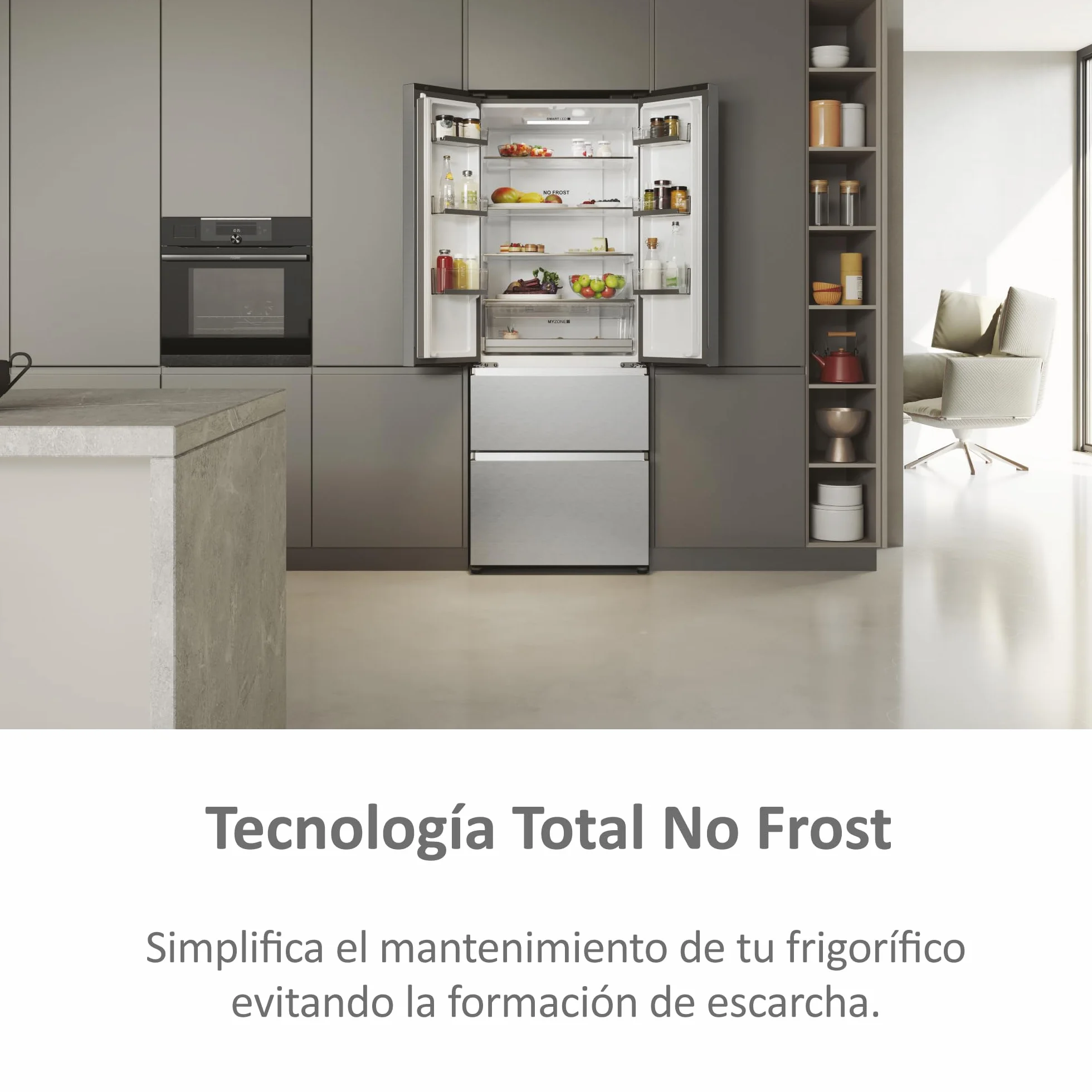 HAIER FD 70 Series 5 HFR5719ENMG - Frigorífico Puerta Francesa, Cajones Direct Access, Circular AirFlow, Motor Inverter, My Zone Plus, Total No Frost, Ancho 70cm, Alto 1,90m, 446L, Luz LED, Inox