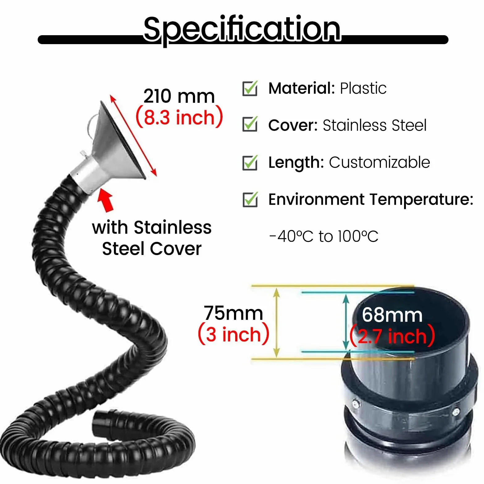 Brazo Flexible Extractor de Humos de Soldadura - Manguera de Acero Inoxidable de 100 mm, Colector de filtración de Aire de 2 m/6,5 pies para carpintería, Laboratorio y fábrica - Solución efi