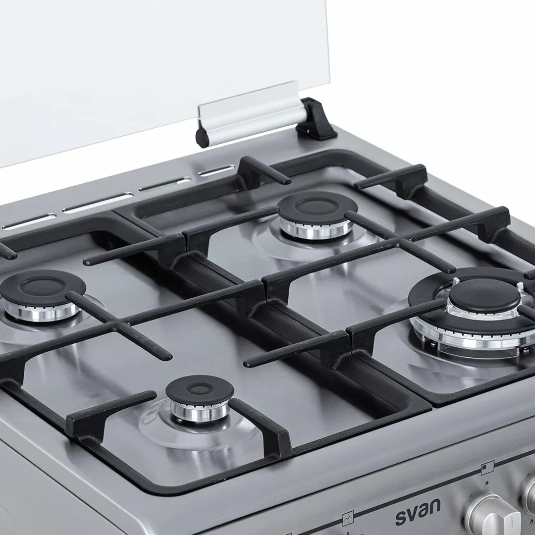 Svan Cocina Mixta Gas Butano, 4 Zonas de Cocción, Horno 56 L, Inox, SKMW4601X. Control Manual, Quemador WOK Triple Llama, 6 Programas de Cocción, Compartimento Bombona, Cristal en Puerta Doble Capa, T