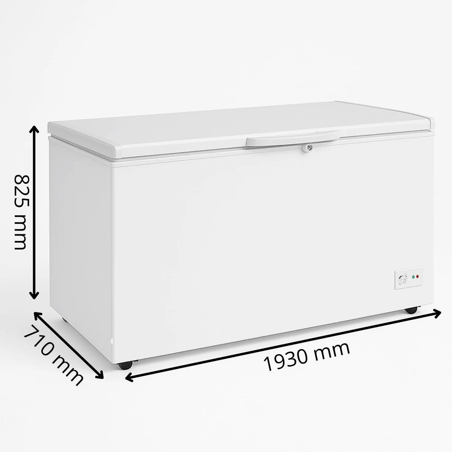 Congelador maletero 550L (488L Net) – Temperatura -18 a -22°C – Puerta completa con cerradura – LED interior – Termostato ajustable – Ruedas y pies ajustables – 230 V – Blanco