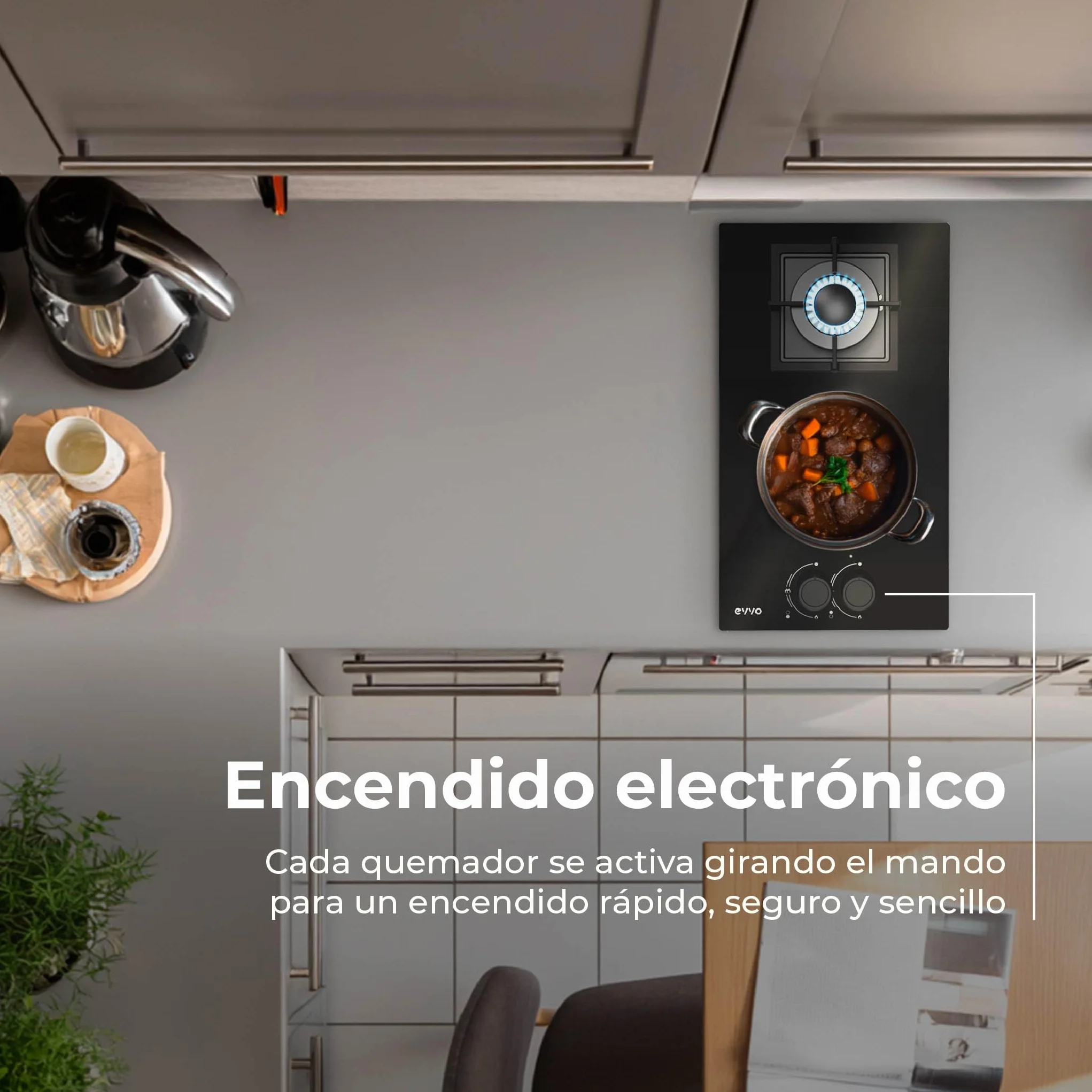 Placa de Gas EVVO V35 Glass, 2 Quemadores (Wok + Semirrápido), 3,6 kW, Cristal Templado Negro, Encendido Eléctrico, Compatible Gas Natural y Butano