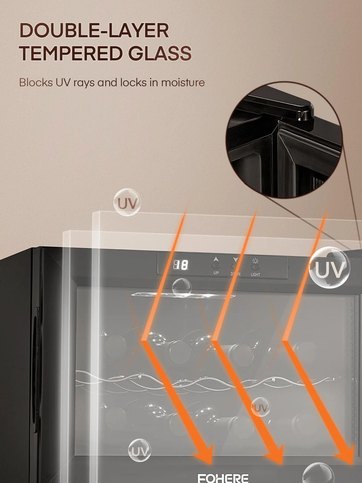 FOHERE Vinoteca de 8 botellas, frigorífico de mesa con puerta de vidrio, 22 litros LED + pantalla digital, frigorífico para bebidas con puerta de vidrio, 8-18 °C, zona única