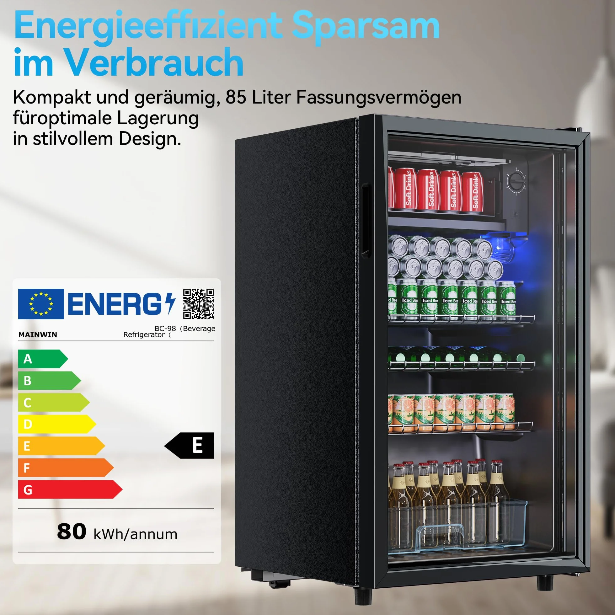 TRIUMPHKEY Nevera para Bebidas, Nevera Compacta de 85 Litros con Luces LED Azules, Nevera para Cerveza, Diseño de Puerta Completa de Cristal con 4 Estantes y Botelleros para Refrescos, Cerveza y Vino.