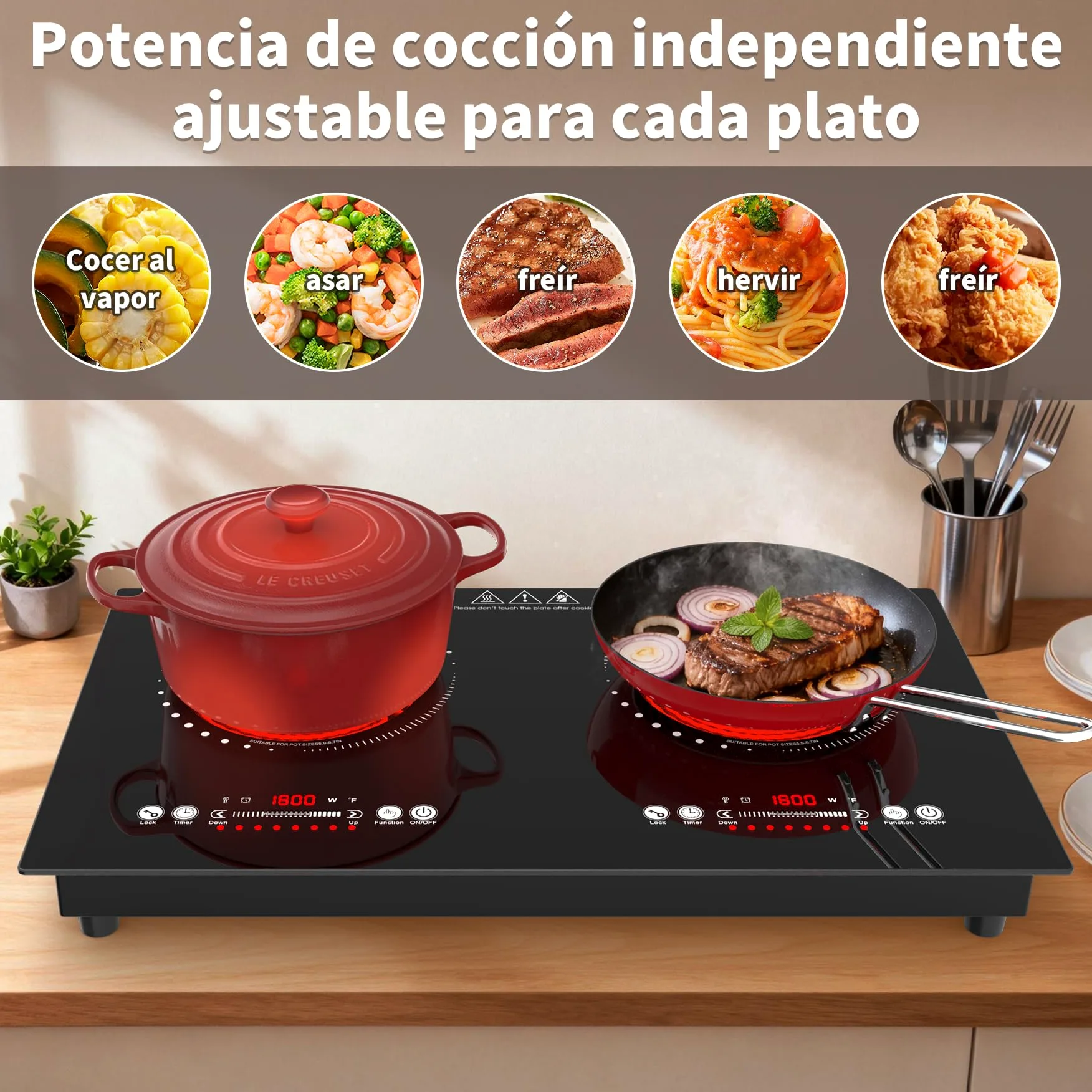 VBGK placa vitroceramica,220V 3600W placa de vitroceramica con Control táctil LED,9 niveles de potencia,Bloqueo para niños & Temporizador de 4 horas,Protección contra sobrecalentamiento de la estufa,
