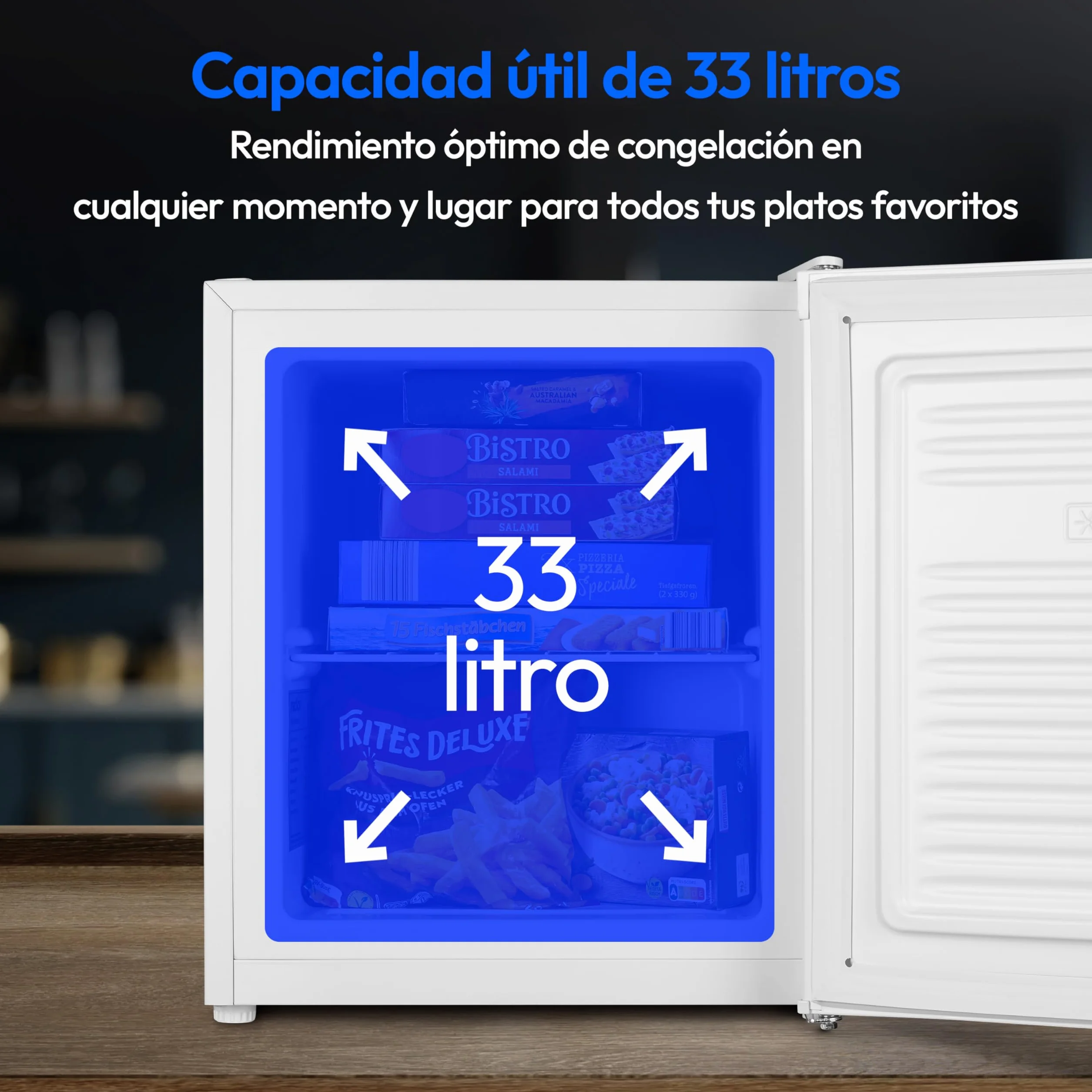 MEDION Minicongelador (33 litros de capacidad útil, 51 cm de altura, patas regulables en altura, asa empotrada, temperatura regulable manualmente, 4 estrellas, MD37675)
