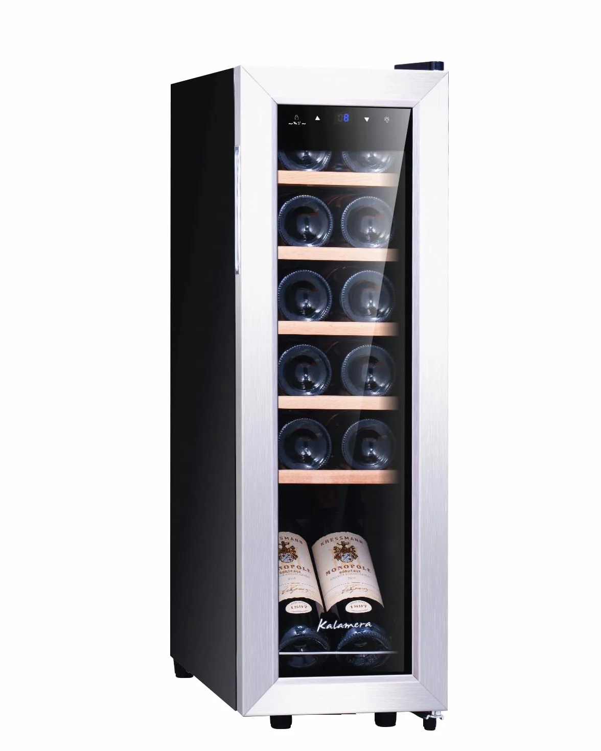 Kalamera Nevera pequeña para vino, 5 – 18 °C, compresor, 12 botellas, almohadillas de madera extraíbles, 35 litros, KRC-35FCSS Vinoteca