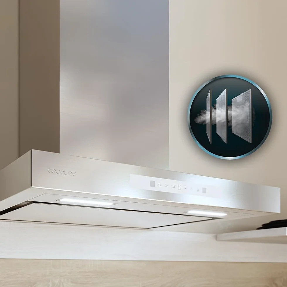 Cecotec Campana Extractora 60cm Tipo T Bolero Flux Tt 608000 Slim Glass White A++. Acabado Acero Inox Succión 800M3/H, Bajo Consumo, Display Táctil, Filtro Carbono, Hand Movement Control