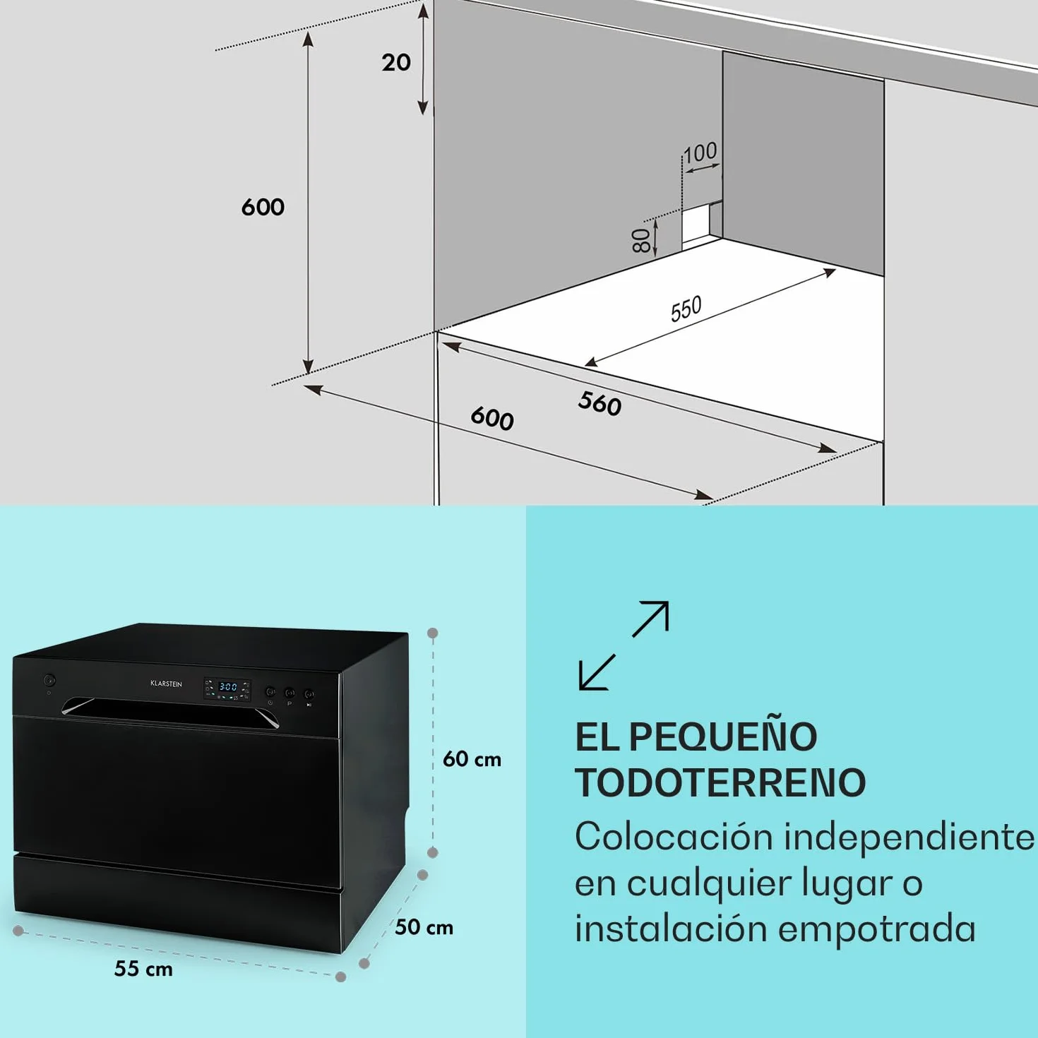 Klarstein Lavavajillas Sobremesa Pequeño, Mini Lavavajillas 8 Cubiertos, Lavavajillas Portatil Encimera Silencioso, Lavaplatos con 6 Programas de Lavado, Lavavajillas Compacto para Casa y Oficina