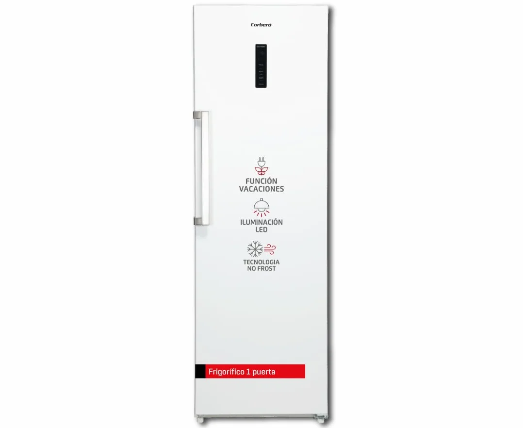 Corberó - Frigorífico 1 Puerta | CCLH18524NFW | 65x59,5x185 | Capacidad 359L | No Frost | Display en Puerta | Luz LED | 2 Crisper XXL | Fresh Box | 4 Botelleros | Tirador Easy Open | 40 Db | Inox