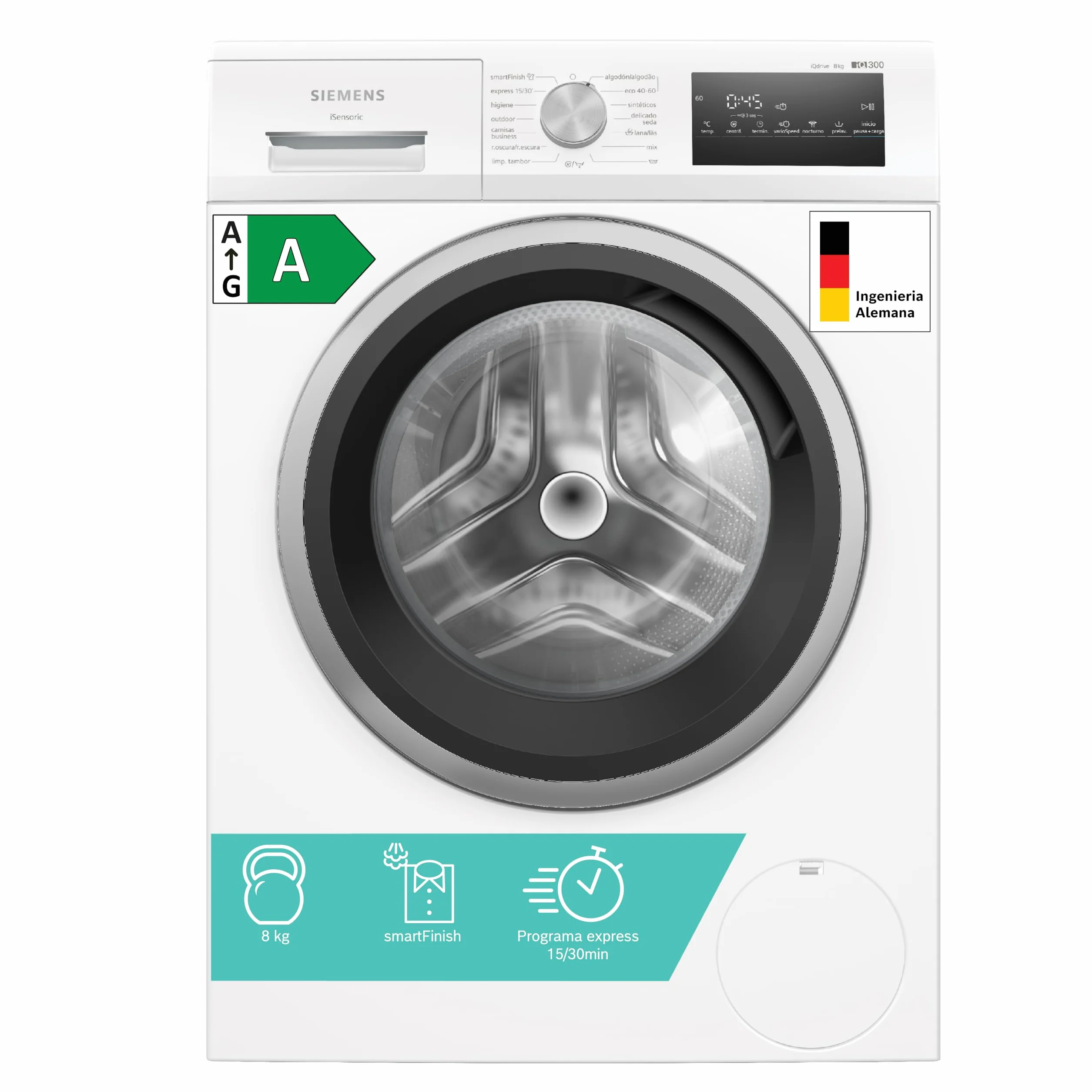 Siemens - Lavadora de carga frontal iQ300, 8 kg, 1200 r.p.m, smartFinish, Tambor waveDrum, Motor iQdrive, Blanco, WM12N265ES