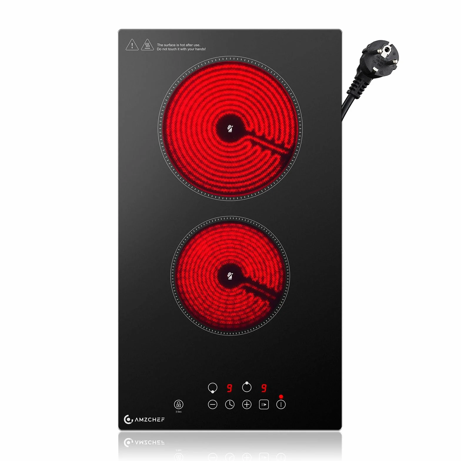 AMZCHEF Placa Vitrocerámica 2 Fuegos 3200W 9 Niveles de Potencia 2-en-1 Sobremesa/Empotrable