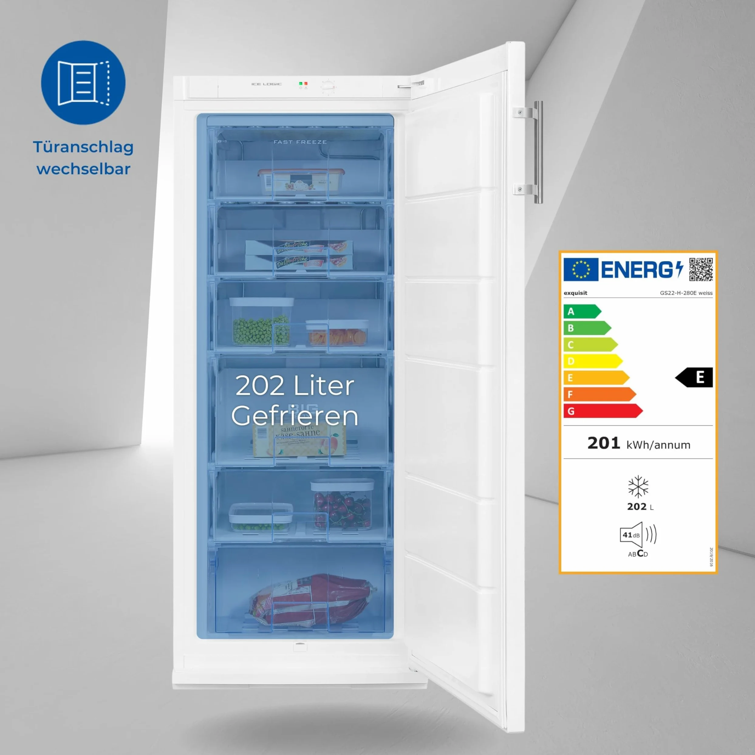 Exquisit Congelador GS22-H-280E blanco | unidad de pie | 202 l de volumen | blanco | congelación | tope de puerta intercambiable | cajones y caja grande | 4 x congelación