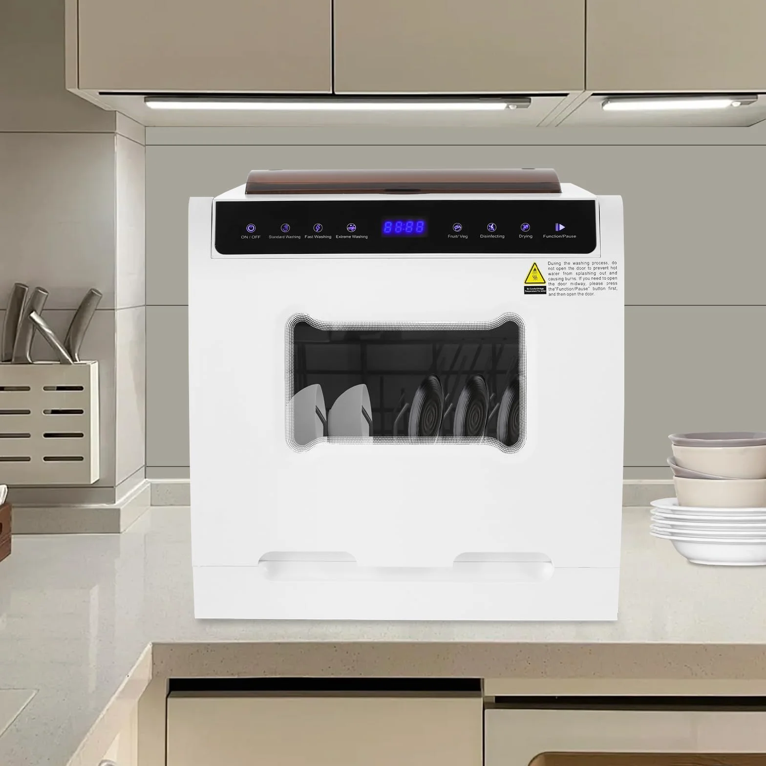 800 W portátil Lavavajillas, lavavajillas de mesa con 6 programas y depósito de agua de 5L, lavavajillas de mesa con cubierta semitransparente e indicador LED, perfecto y fácil para casas pequeñas