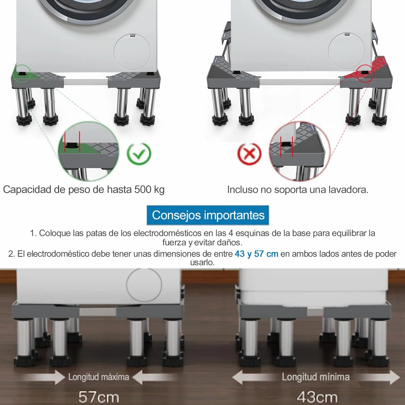 DEWEL Base de Lavadora 12 Pies, Longitud Ajustable 43-57 CM, Altura 18-20 cm, Capacidad de Carga 500 KG Base de Lavadora Ajustable, Adecuada para Secadoras, Refrigeradores y Congeladores