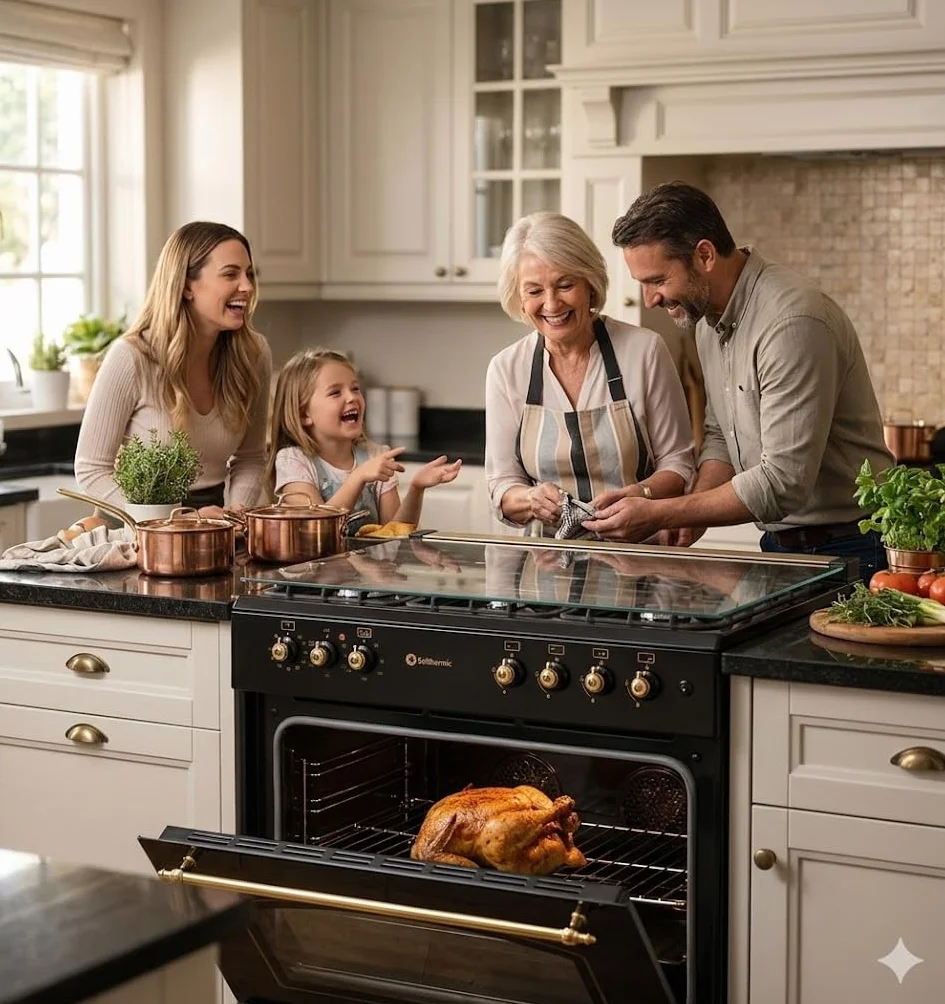 SOLTHERMIC F9L50E5R COCINA GAS CON HORNO ELECTRICO NEGRA RUSTICA CON MANDOS DORADOS/ANCHO 90 CMS / 5 FUEGOS/HORNO PANORAMICO 115 L. / GAS BUTANO Y GAS CIUDAD/ENTREGA A DOMICILIO