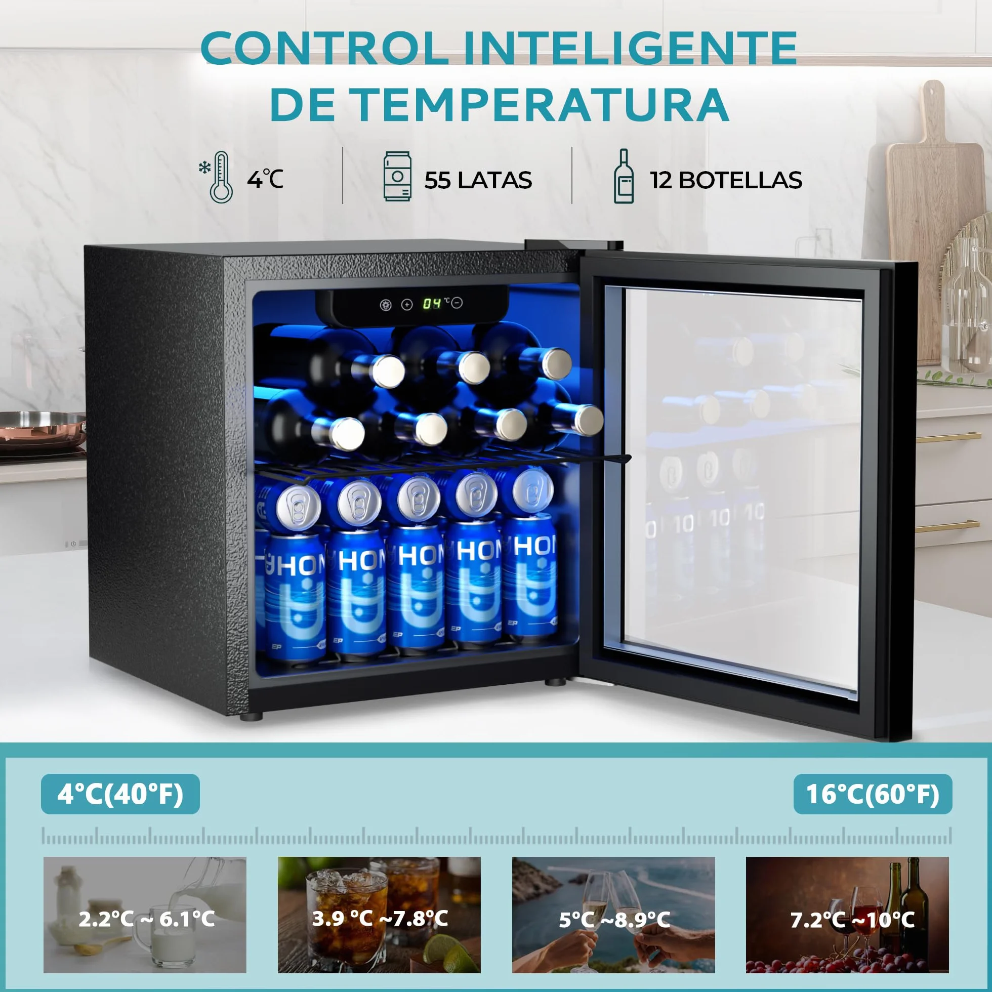 EUHOMY Frigorífico para Bebidas, Mini Frigorifico con Puerta de Cristal, Nevera Pequeña, Refrigerador de Sobremesa para 55 Latas, Mini Fridge para Oficina, 36 Litros, Mini Nevera de Bajo Ruido, Negro